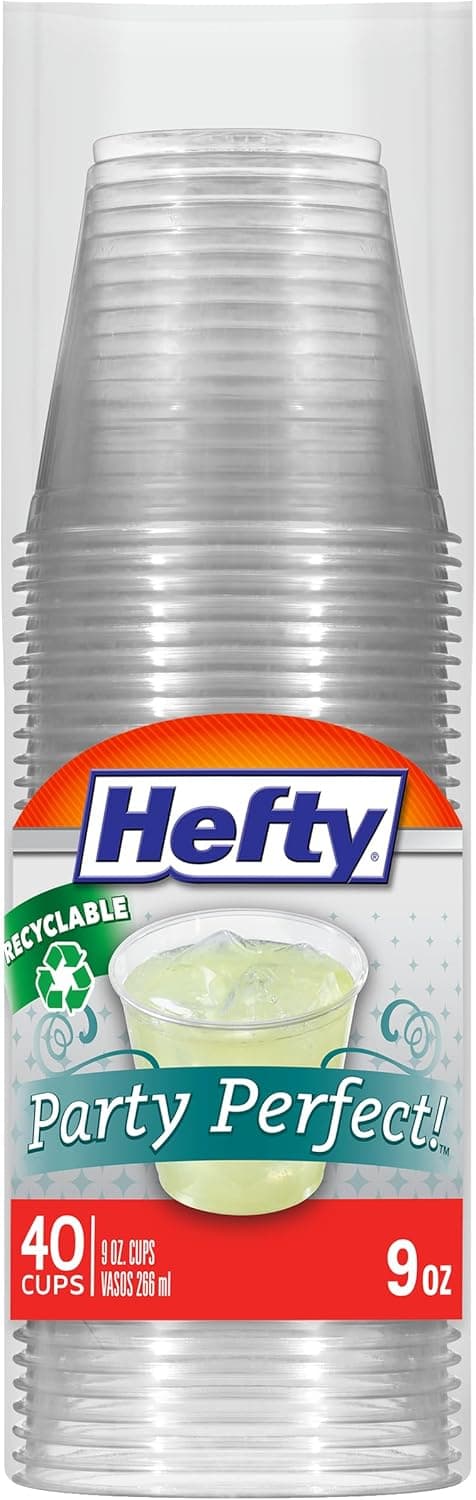 Hefty Party Perfect Clear Plastic Cups, Small Clear Cups for Parties, Wedding Receptions, Birthday Parties, Office Gatherings, and More, Recyclable, 9 Ounce, 40 Count