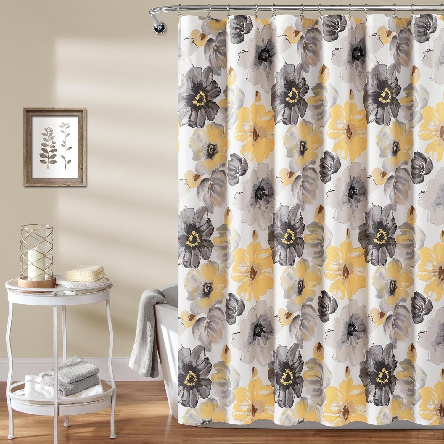 Lush Decor Leah Floral Shower Curtain, 72" W x 72" L, Yellow & Gray - Fabric Shower Curtains - Watercolor Botanical Bathroom Curtain - Farmhouse & French Country Decor