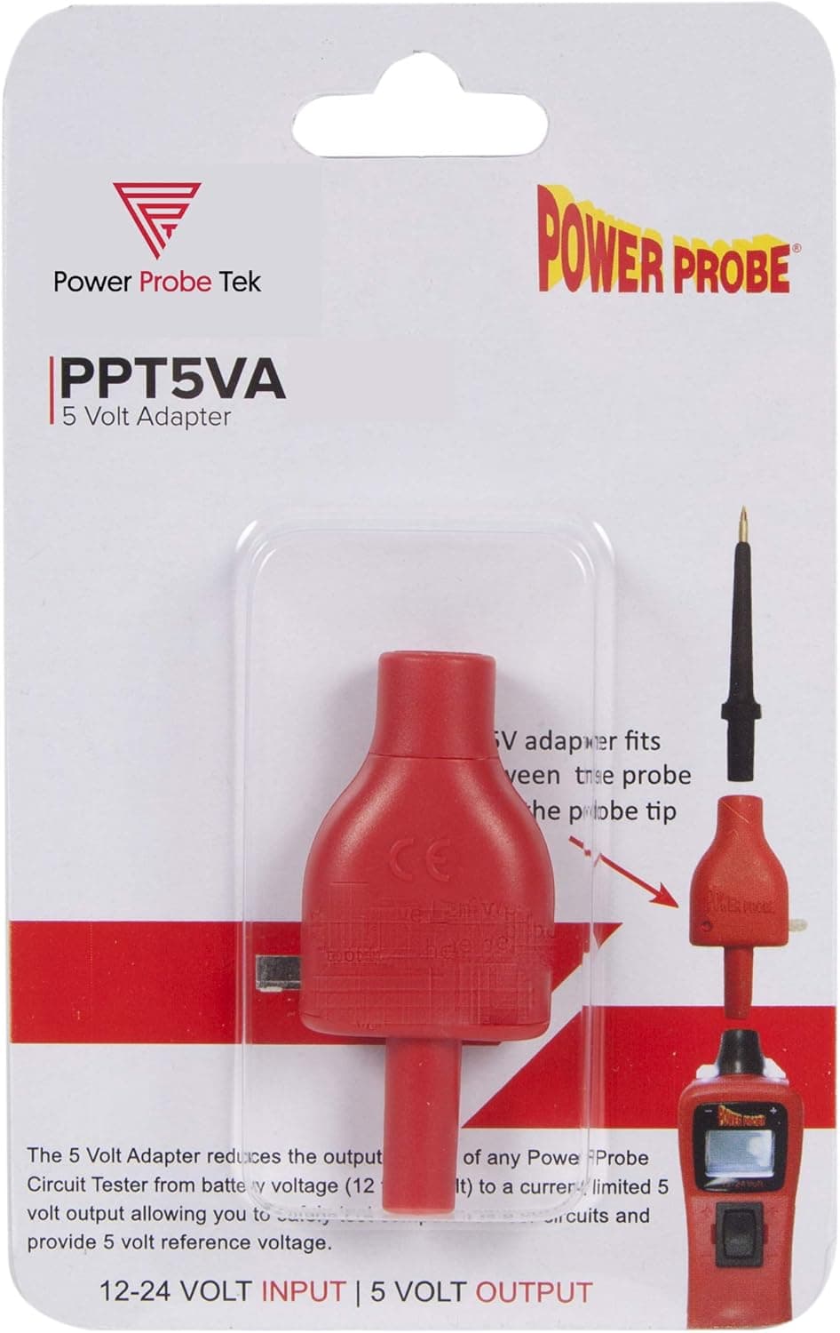 Power Probe 5 volt reference adapter will connect to any Power Probe Tek circuit-tester and limit the voltage to a5-volt reference
