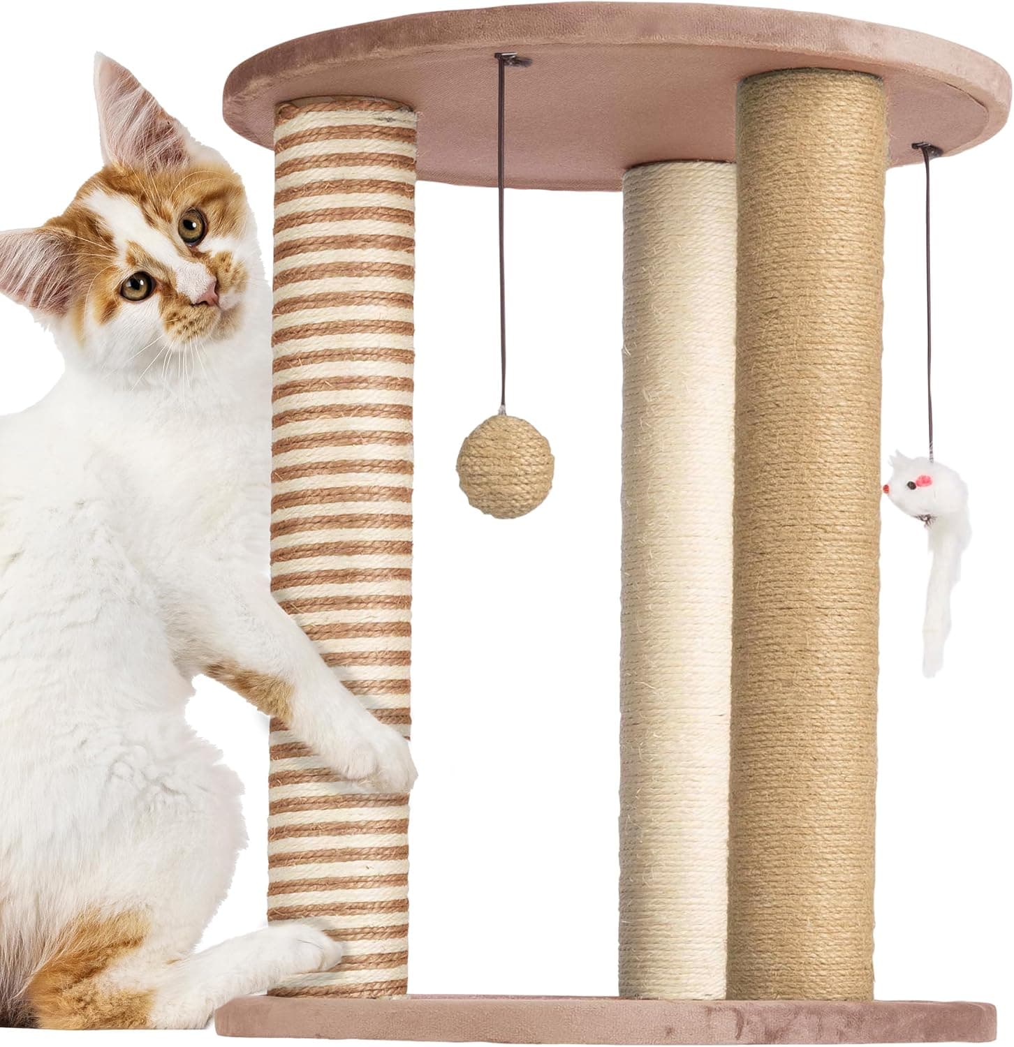 Cat Scratching Post - 3 Scratcher Posts with Carpeted Base Play Area and Perch - Furniture Scratching Deterrent for Indoor Cats by PETMAKER (Brown), Large