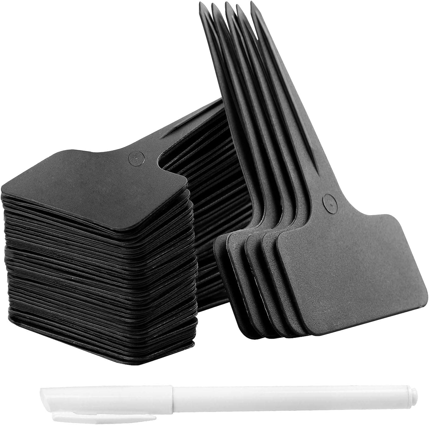 Whaline 100 Pcs Plastic Plant Labels Black T-Type Garden Stake Tags Waterproof Plant Markers Reusable Plant Signs for Outdoor Indoor Nursery Potted Plants Seed with A White Marker Pen (6 x 10 cm)