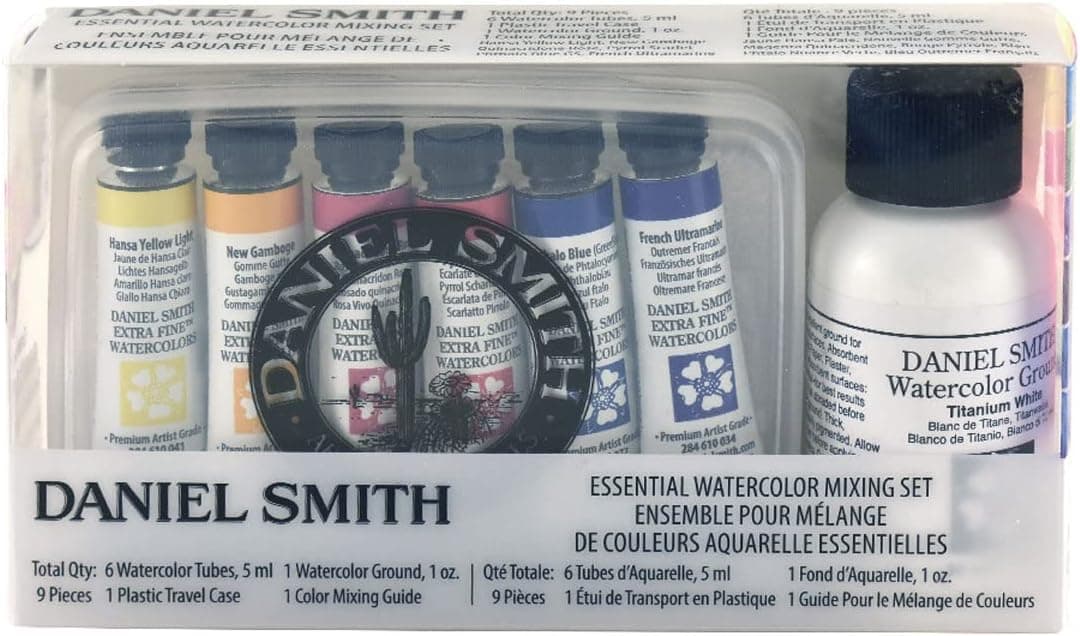 Daniel Smith Watercolor, 5ml Tubes, Essential Mixing Set with 6 Essential Watercolor Tubes, 1oz Watercolor Ground, Mixing Guide, Plastic Case (Total 9 Pieces) 285610117