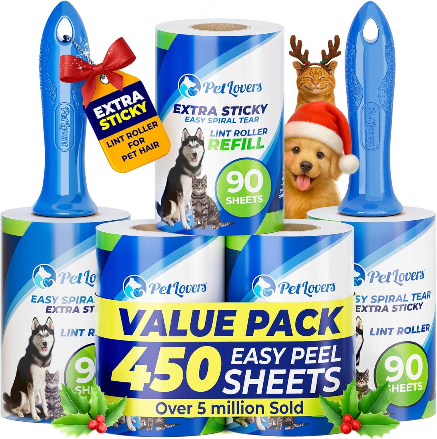 PetLovers Extra Sticky Lint Roller Mega Value Set 450 Sheets for Pet Hair Removal and Clothes, Dog and Cat Lint Remover 5 Pack