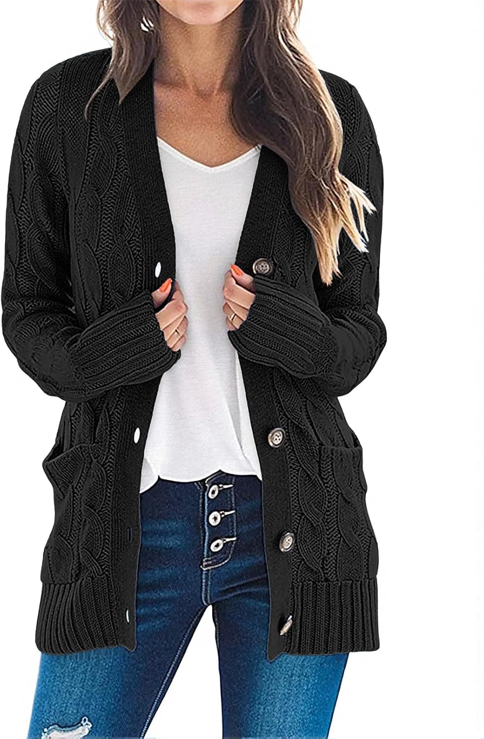 MEROKEETY Women's 2025 Fall Long Sleeve Cable Knit Sweater Open Front Cardigan Button Loose Outerwear
