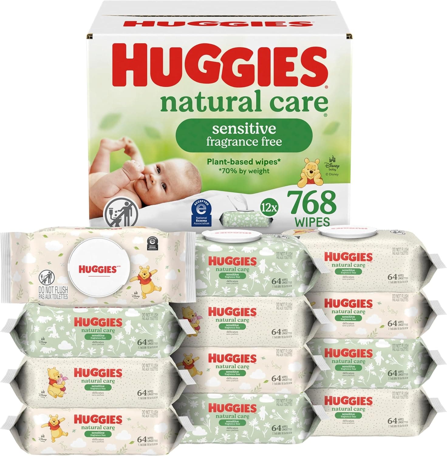 Huggies Natural Care Sensitive Baby Wipes, Unscented, Hypoallergenic, 99% Purified Water, 12 Flip-Top Packs (768 Wipes Total), Packaging May Vary