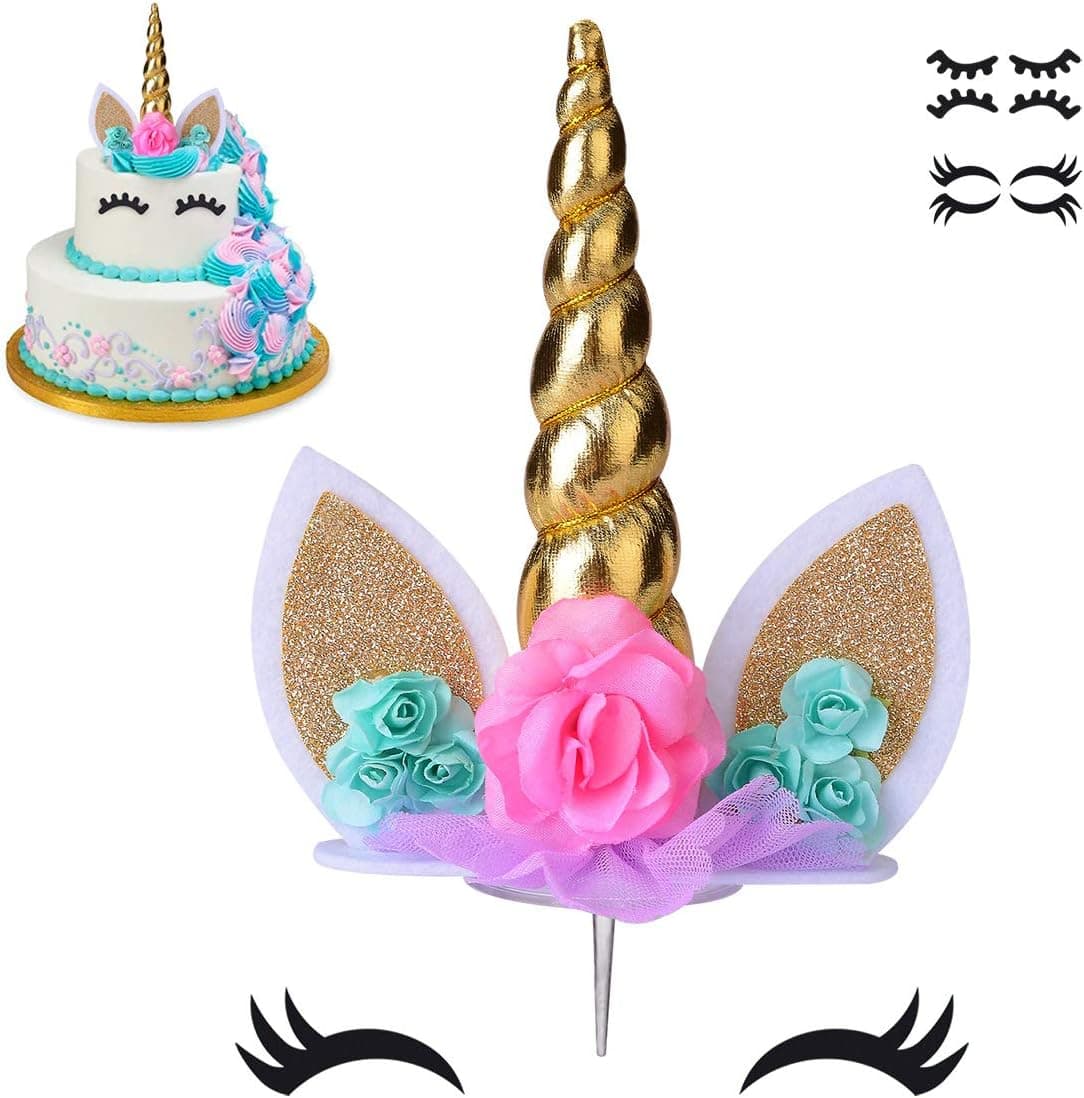 Unicorn Cake Topper,Handmade Party Cake Decoration Supplies with Eyelashes and stack,Reuasble Gold Horn for Birthday Party,Baby Shower, Wedding