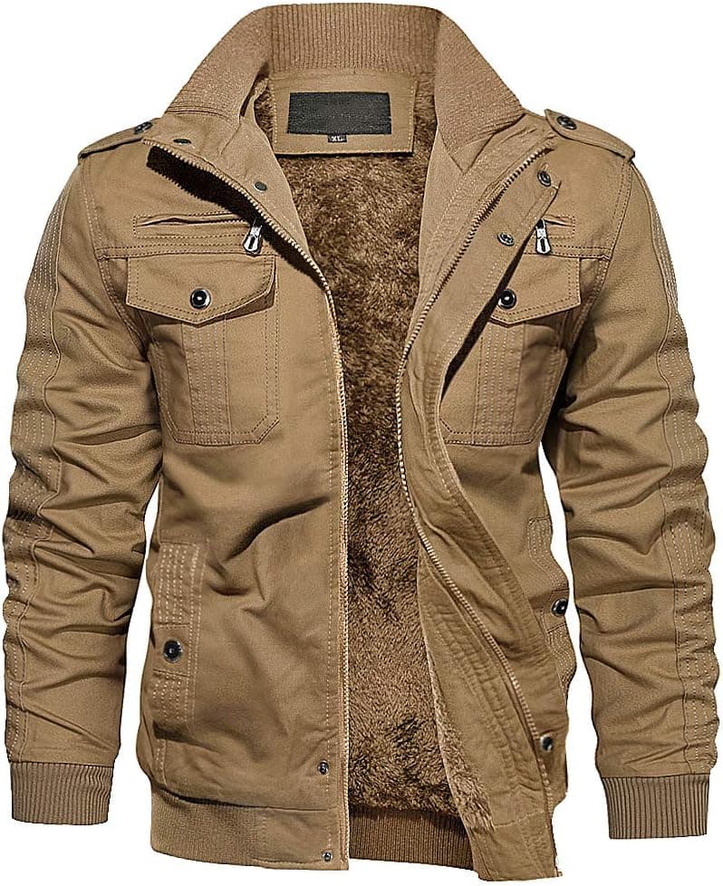EKLENTSON Men's Thick Thermal Winter Jacket with Multi Pockets Zip Front Fleece Lined Military Jacket for Men
