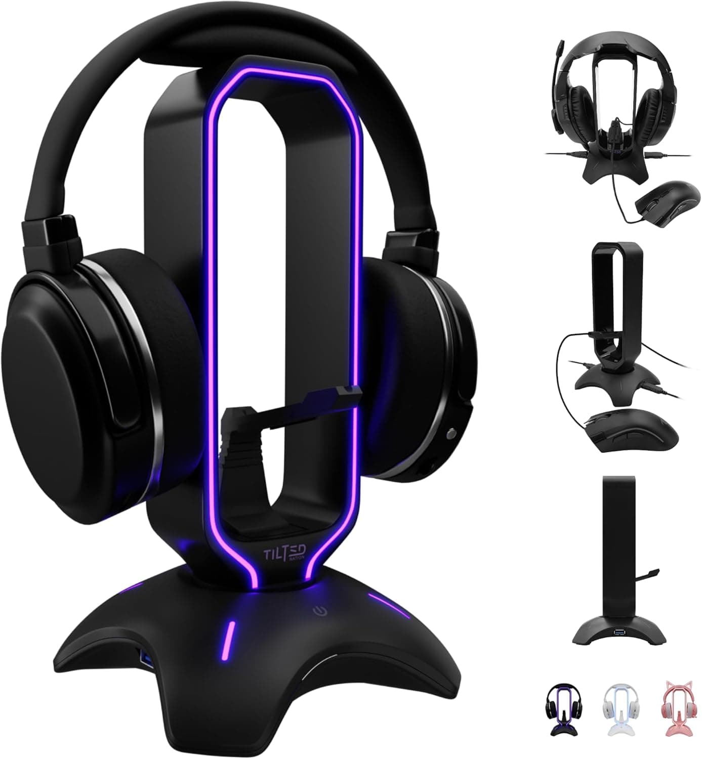 Tilted Nation Gaming Headset Stand | RGB Headphone Stand for Desk with Mouse Bungee and USB Hub (Cool and Clean Setup) Gaming Headset Holder - Perfect Gamer Gift Accessory
