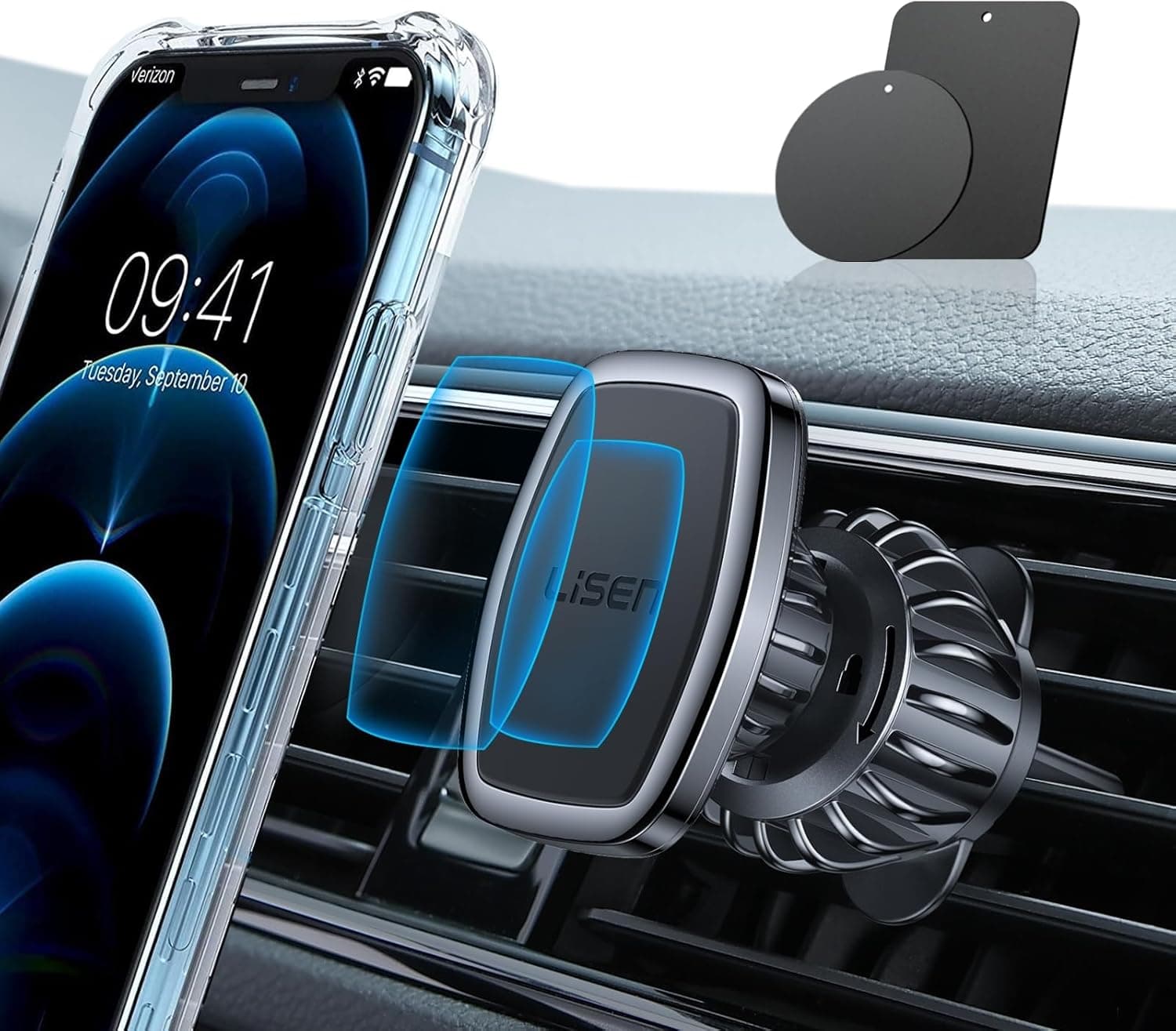 LISEN Magnetic Phone Holder for Car, Upgraded Clip + Ultra 6 Strong Magnets, Phone Magnets for Back of Cell Phone, Soporte de Telefono para carro for Galaxy S25 Ultra 4-6.7 inch Smartphones (Black)