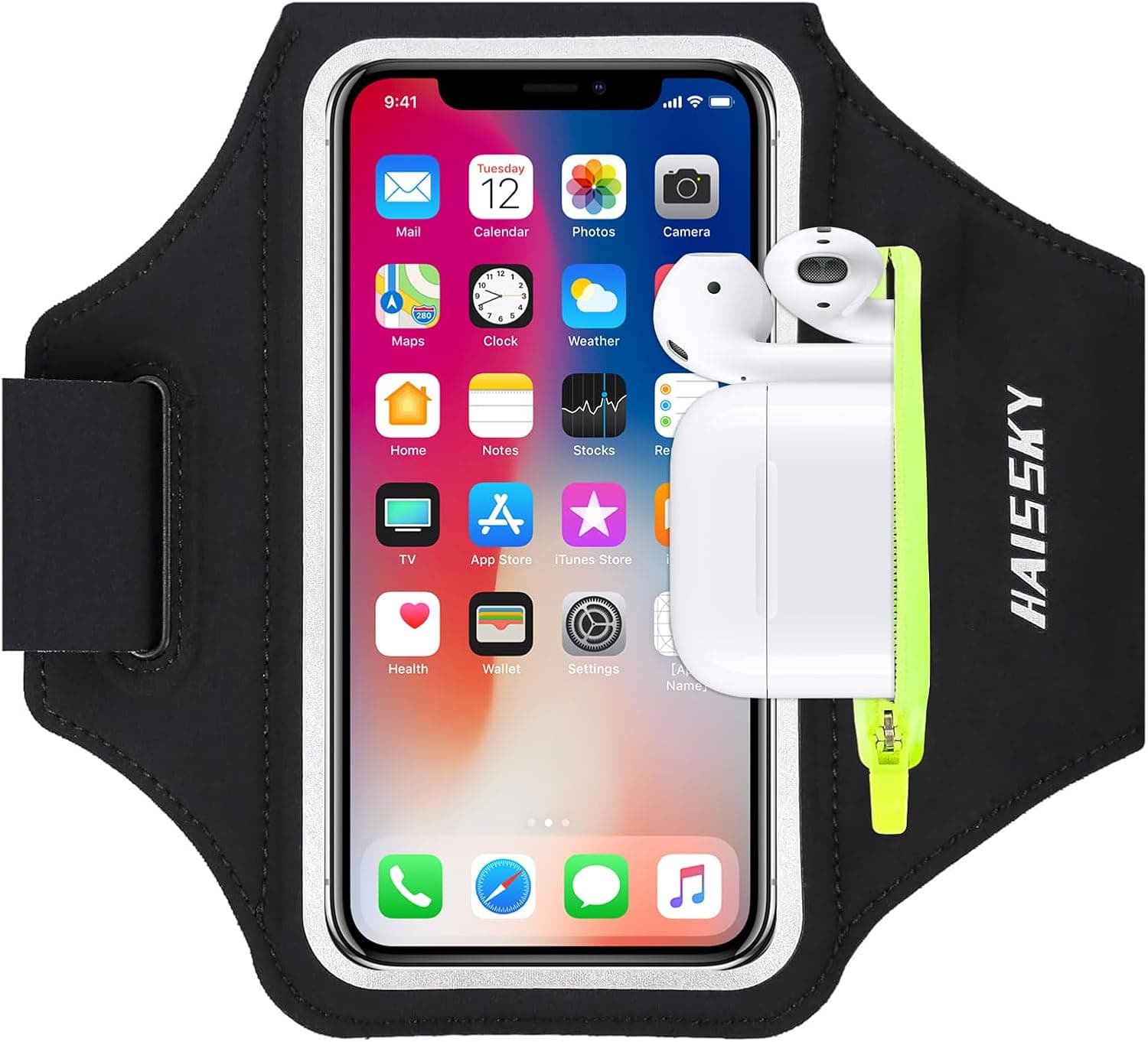 Running Armband with Earphone Bag Cell Phone Armband for iPhone 16 15 Pro 14 Plus 13 11 XR XS, Galaxy S24/S10 Water Resistant Sports Phone Holder Case & Zipper Slot Car Key Holder for 6.7 inch Phone
