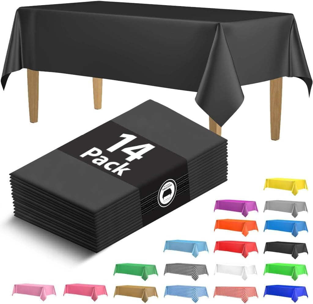 14 Pack Black 54 x 108 in. Rectangle Disposable Plastic Tablecloths - Smooth Decorative Covers for Parties, Weddings