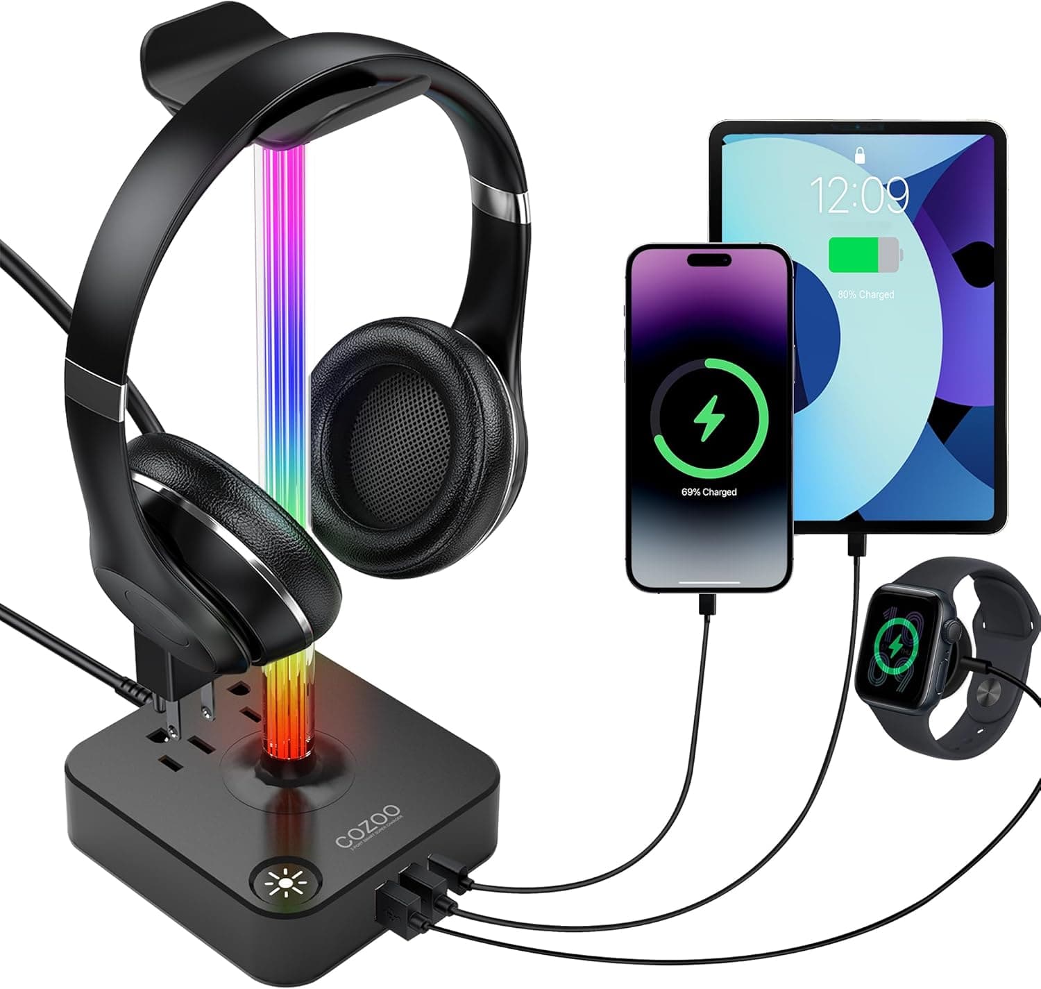 RGB Headphone Stand with USB Charger COZOO Desktop Gaming Headset Holder Hanger with 3 USB Charger and 2 Outlets - Great for Gaming, DJ, Wireless Earphone Display,Gamer PC Accessories Boyfriend Gifts
