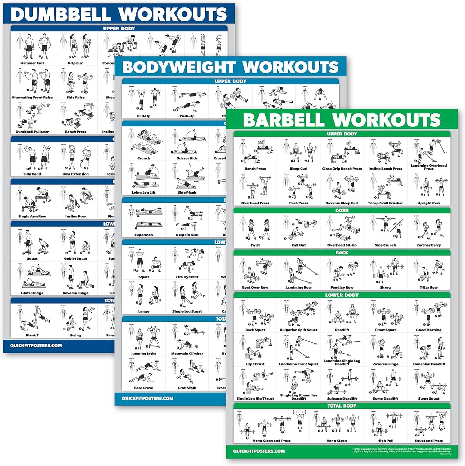 QUICKFIT 3 Pack - Dumbbell Workouts + Bodyweight Exercises + Barbell Routine Poster Set - Set of 3 Workout Charts (Laminated, 18" x 24")