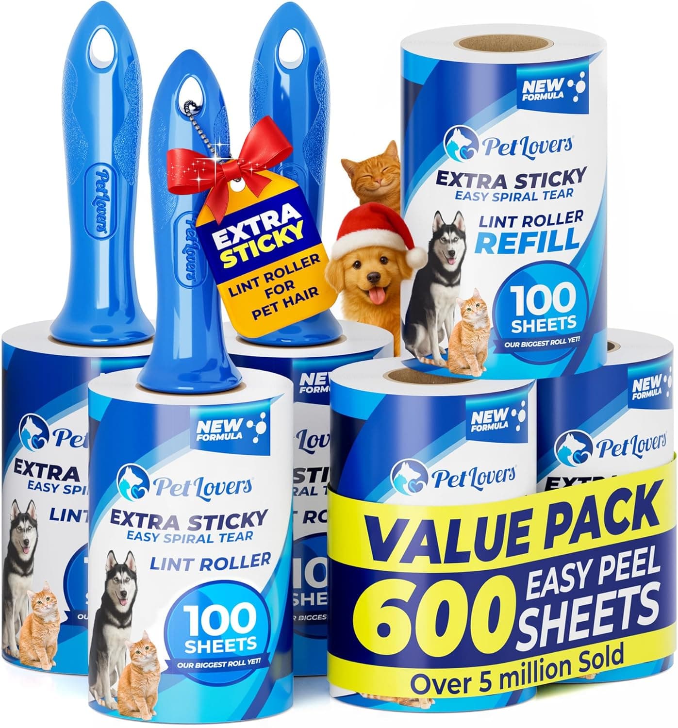 PetLovers Extra Sticky Lint Roller Mega Value Set 600 Sheets for Pet Hair Removal, Dog and Cat Lint Remover 6 Pack