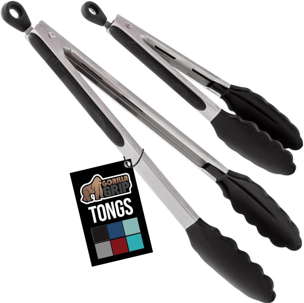 GORILLA GRIP Stainless Steel Heat Resistant Kitchen Tongs for Cooking, 9 + 12 Inch, Set of 2 BBQ Tong, Non Scratch Silicone Tip for Pan, Strong Grip, Grab Food, Toss Salad, Air Fryer, Pull Lock, Black