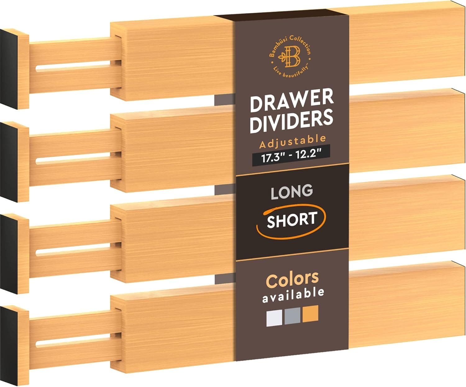 4 Pack Drawer Divider - Bamboo 2.6" High, 12.5-17" Adjustable Drawer Organizers for Clothes, Expandable Dresser Separators in Bedroom, Bathroom, Kitchen, Office Organization and Storage