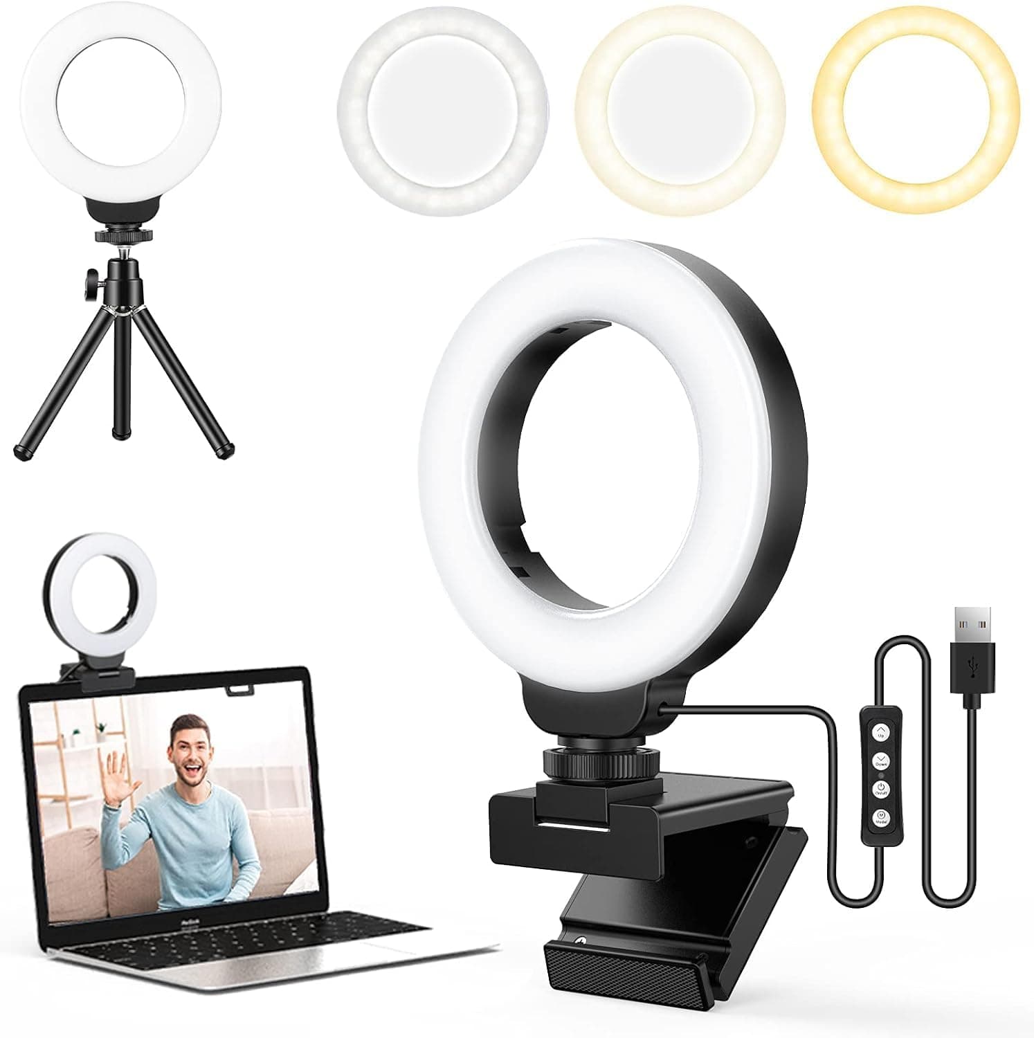 Ring Light for Laptop/Computer,Zoom Call, 4'' Small Video Conference Lighting with Webcam Style Mount and Tripod,3 Light Modes&10 Brightness Levels,Selfie