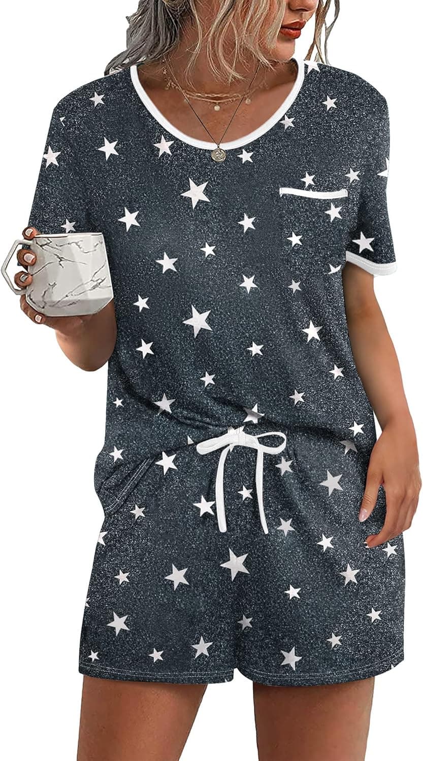 Ekouaer Pajama Set for Women 2 Piece Lounge Set Short Sleeve Tops and Shorts Soft Sleepwear, Chest Pocket