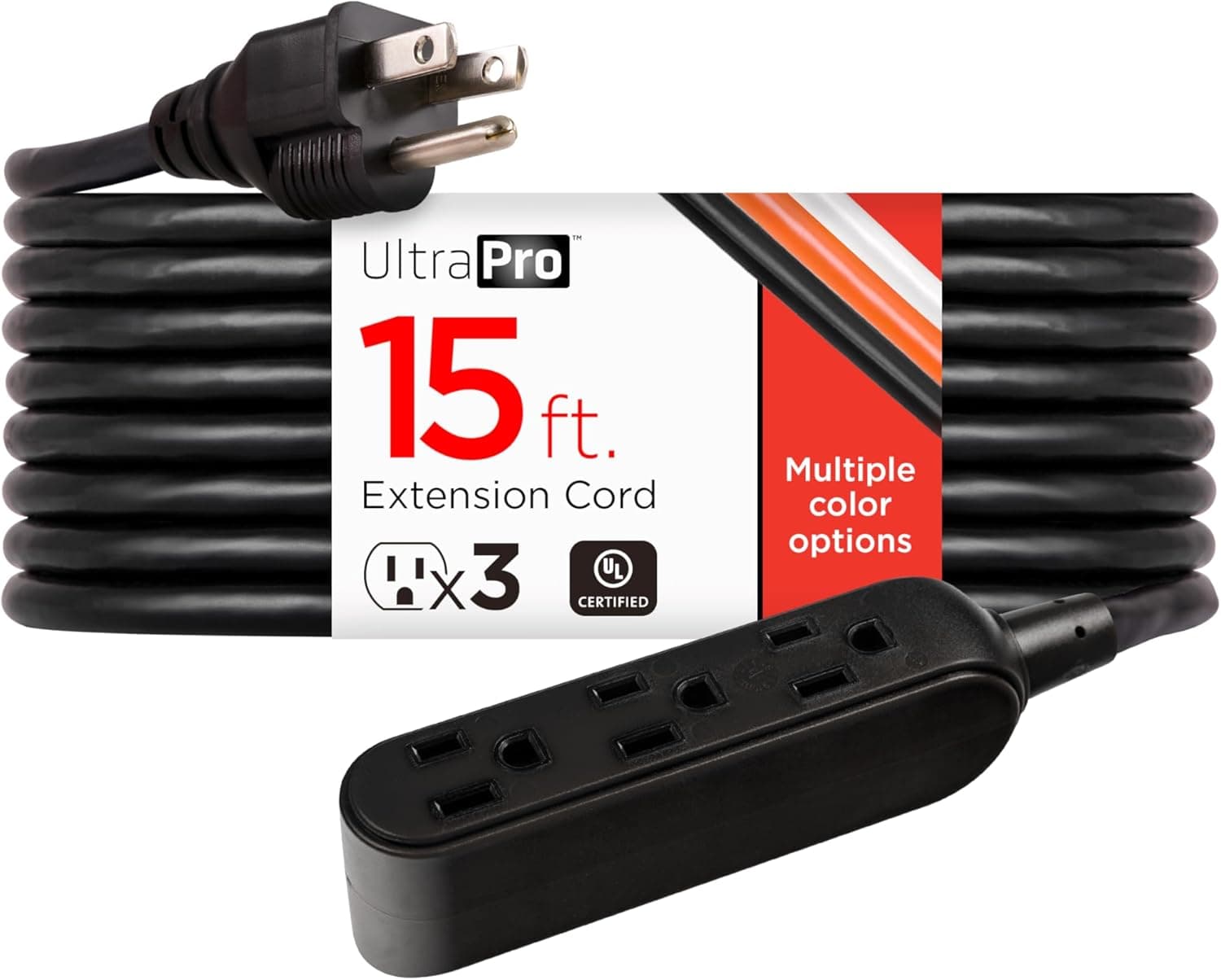 UltraPro 15 Ft Indoor Extension Cord 3 Outlet Power Strip Long Extension Cord with Multiple Outlets Grounded Heavy Duty 16 Gauge ETL Listed Black 50786