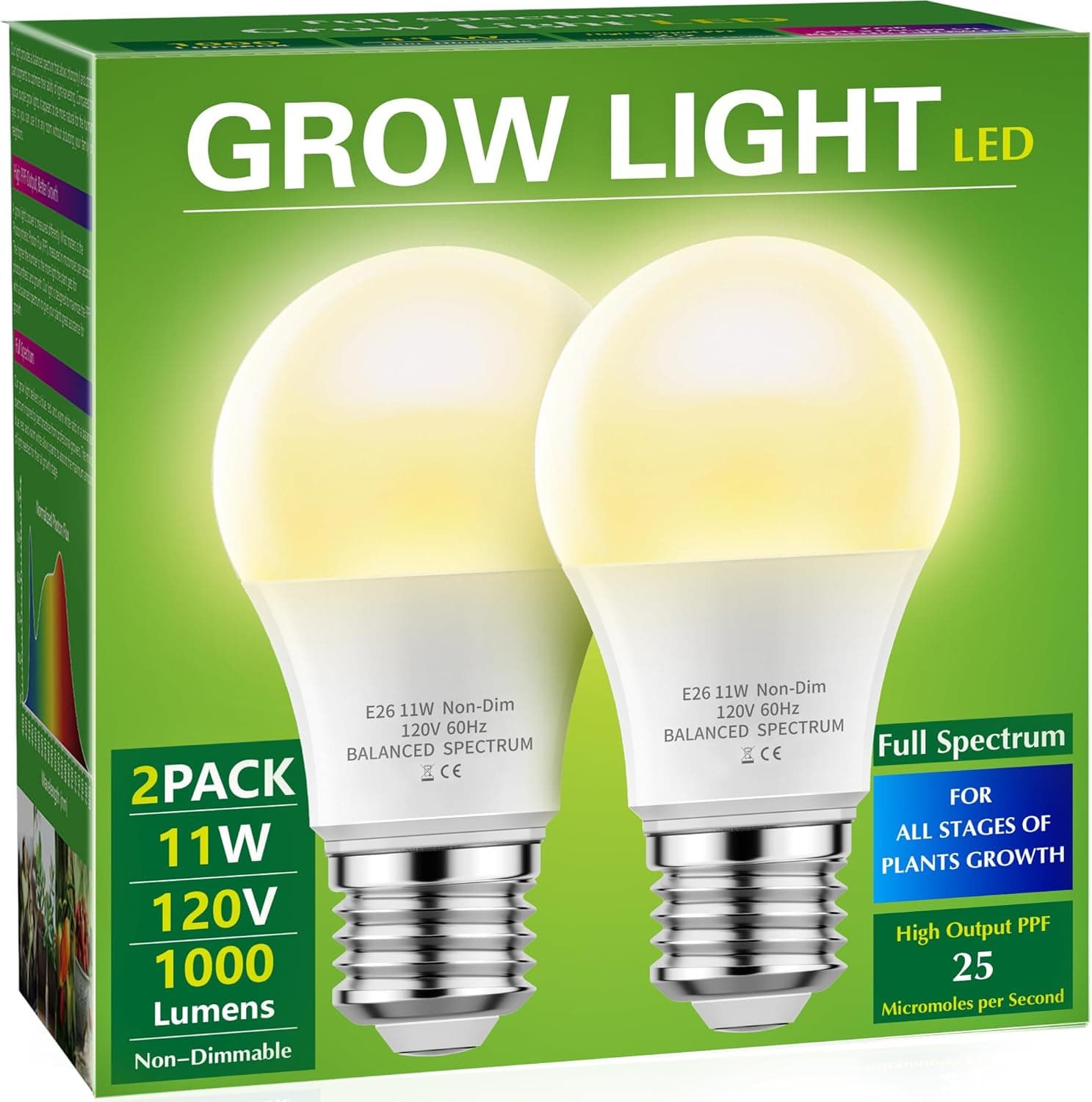 Grow Light Bulbs, Briignite LED Grow Light Bulb A19 Bulb, Full Spectrum Grow Light Bulb, Plant Light Bulbs E26 Base, 11W Grow Bulb 100W Equivalent, Grow Light for Indoor Plants, Seed Starting, 2Pack