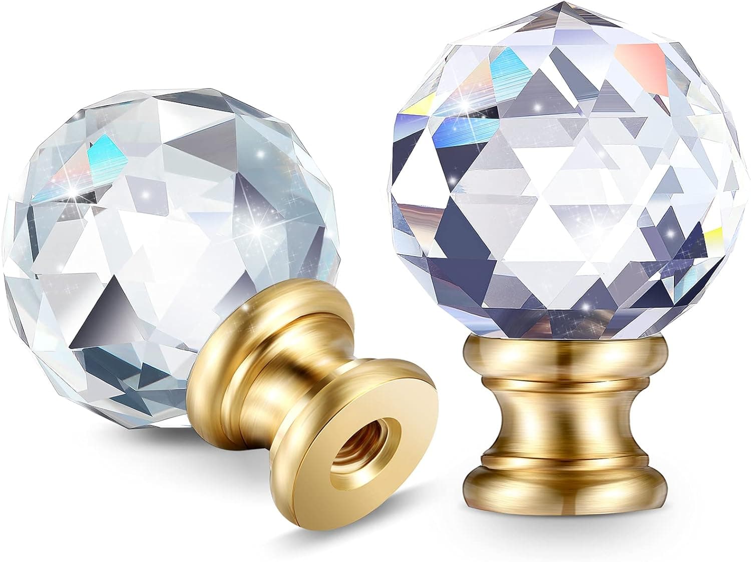 Mudder 2 Pieces Crystal Lamp Finials Decorative Lamp Shade Screw Cap Clear Top Knob with Polished Chrome Base 1-3/4 Inches Diamond Knob(Gold Base)