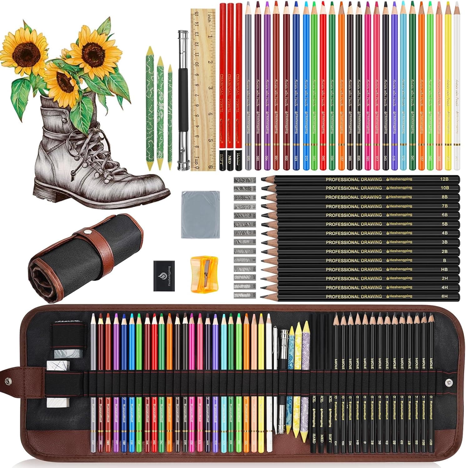 Sketching Drawing Art Pencil Kit-50 Piece Set with 24 Color Pencils for Adult Kid Coloring Books, 14 Graphite 3 Charcoal Erasers Etc., Artist Supplies Ideal for Adult, Kid,Student, Beginner