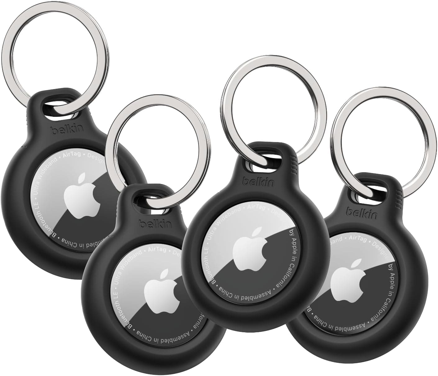 Belkin Apple AirTag Secure Holder with Key Ring - Durable Scratch Resistant Case with Open Face & Raised Edges - Protective AirTag Keychain Accessory for Keys, Pets, Luggage, Backpacks - 4-Pack Black