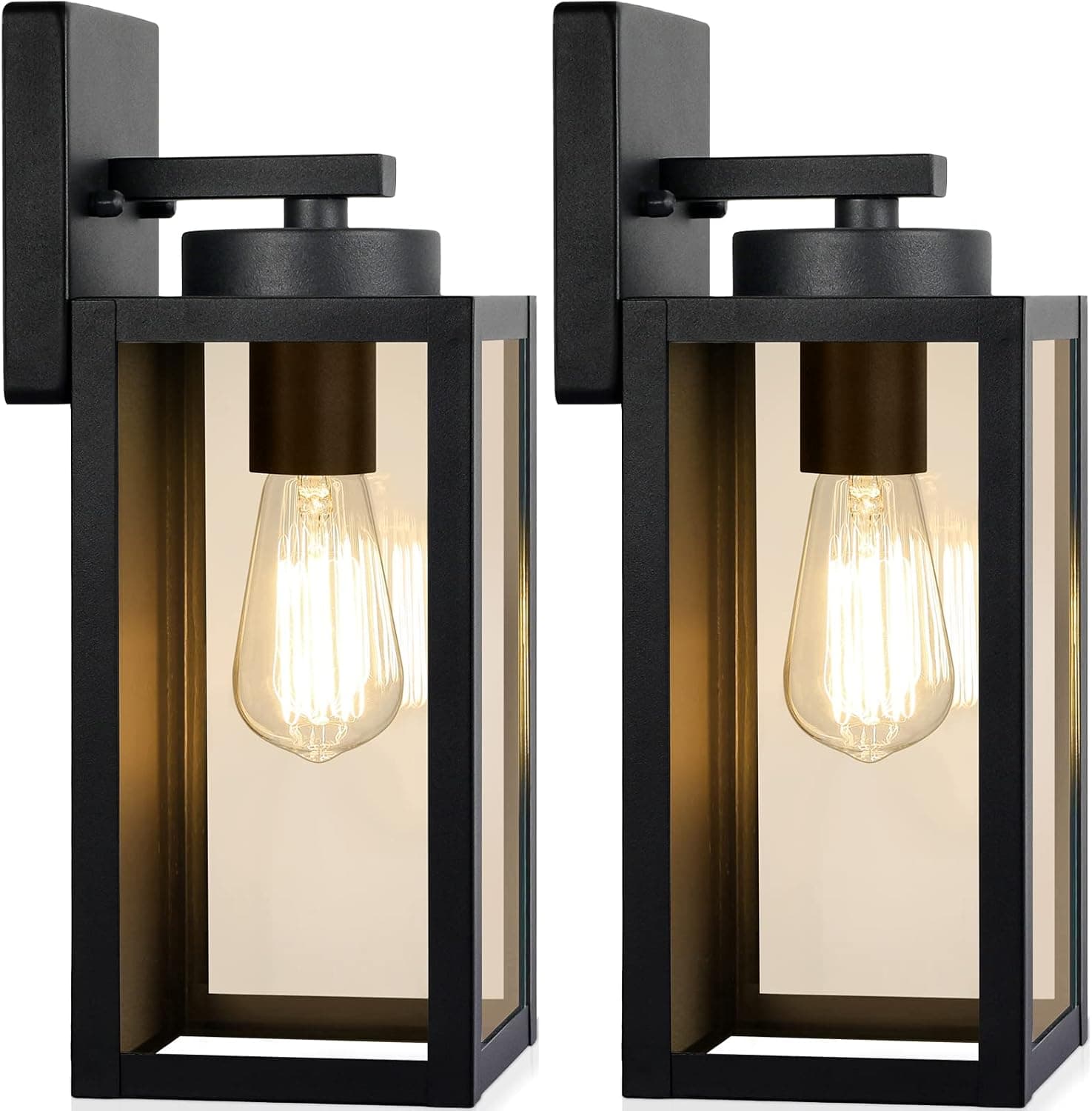 Outdoor Wall Light Fixtures, Exterior Waterproof Wall Lanterns, Porch Sconces Lighting with E26 Sockets & Glass Shades, Modern Matte Black Outside Lights for Patio Front Door Entryway Garage, 2-Pack