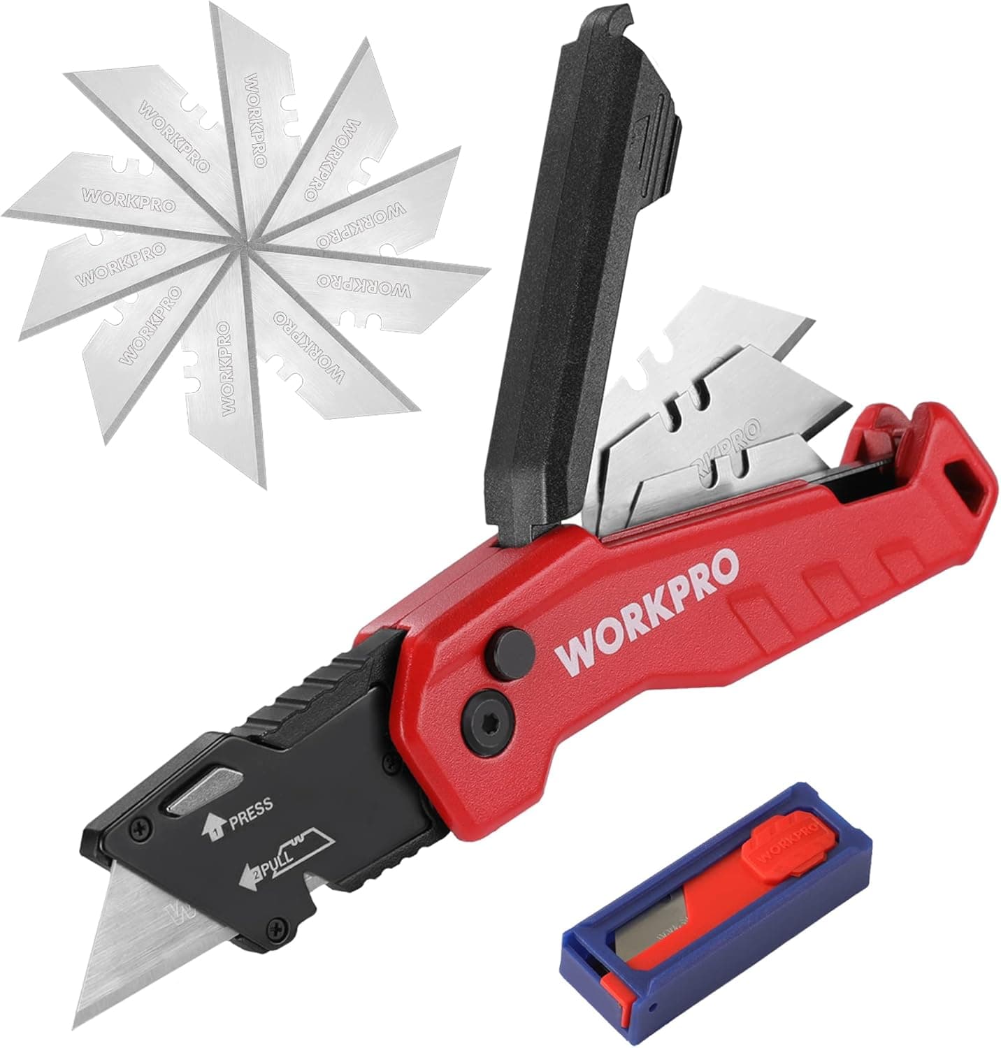 WORKPRO Folding Utility Knife, Quick Change Box Cutter, Razor Knife for Cartons, Cardboard, Boxes, Blade Storage in Aluminum Handle, 13 Extra Blades Included (Red)