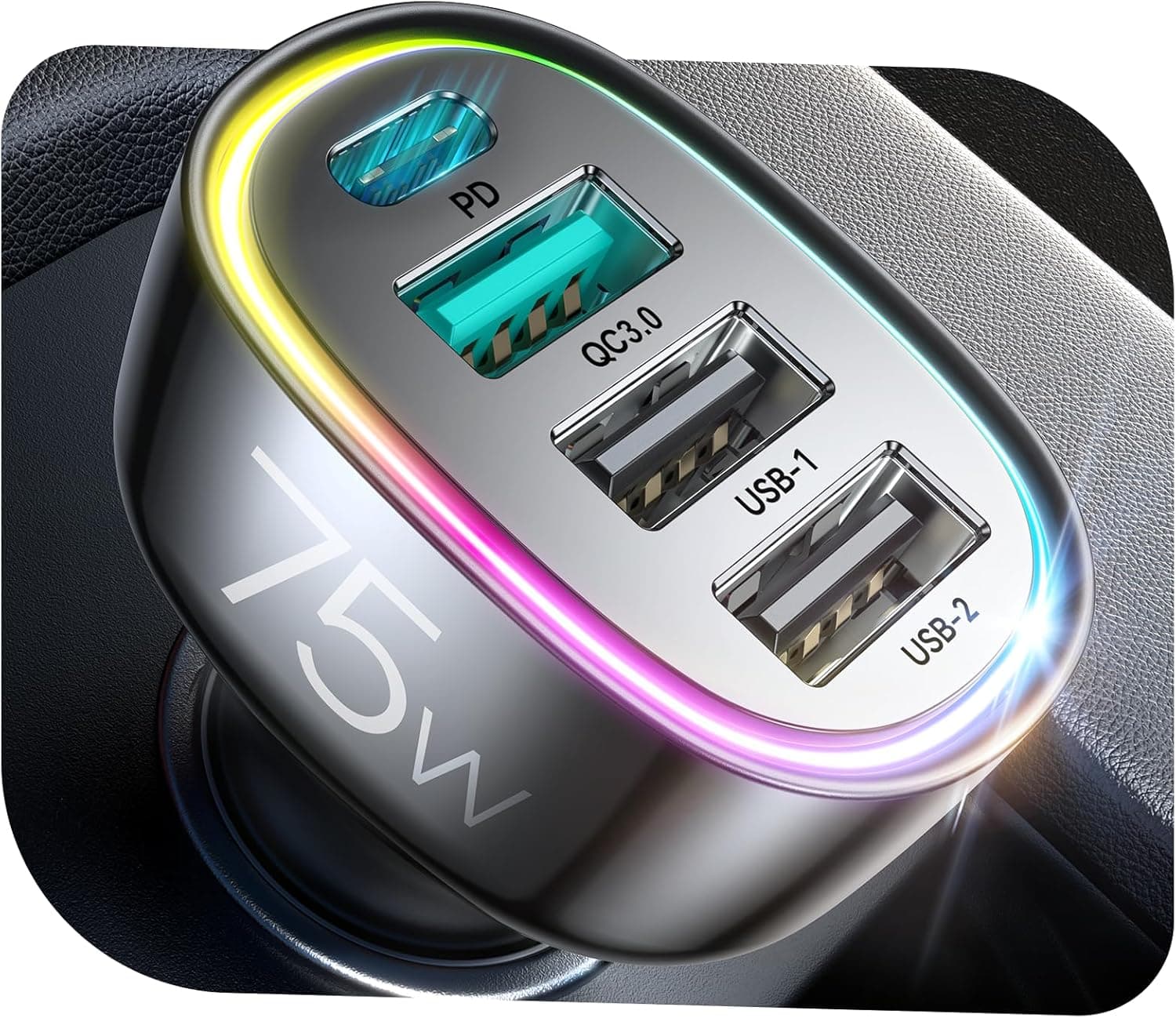 75W Car Charger USB C for iPhone 17, 4-Port Super Fast Cigarette Lighter Adapter, PD 60W & QC 3.0 for Multiport Car Phone Charger Accessories iPhone 17 Pro/16/15/14/13/12 Samsung S25 Series, Android