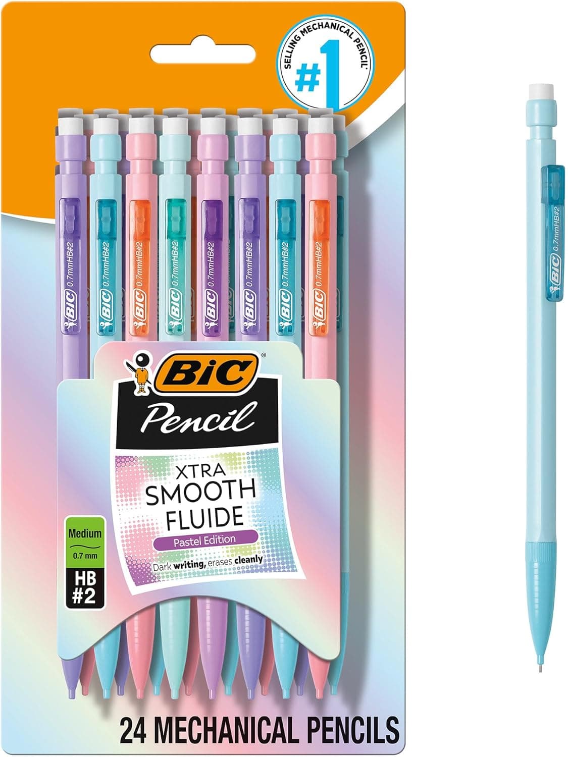 BIC Xtra-Smooth Pastel Mechanical Pencils with Erasers, Medium Point (0.7mm), 24-Count Pack, Bulk Mechanical Pencils for School or Office Supplies