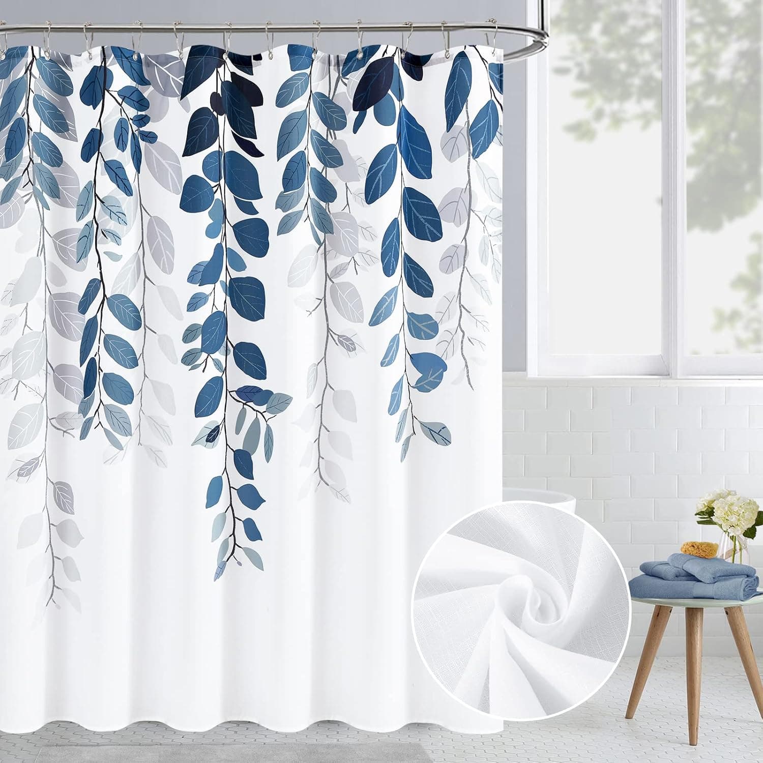 BOODII Blue Eucalyptus Shower Curtains for Bathroom Floral Watercolor Leaves on Top Shower Curtain Botanical Nature Fabric Bath Curtain Country Plant Cloth Bathroom with Hooks 72x72