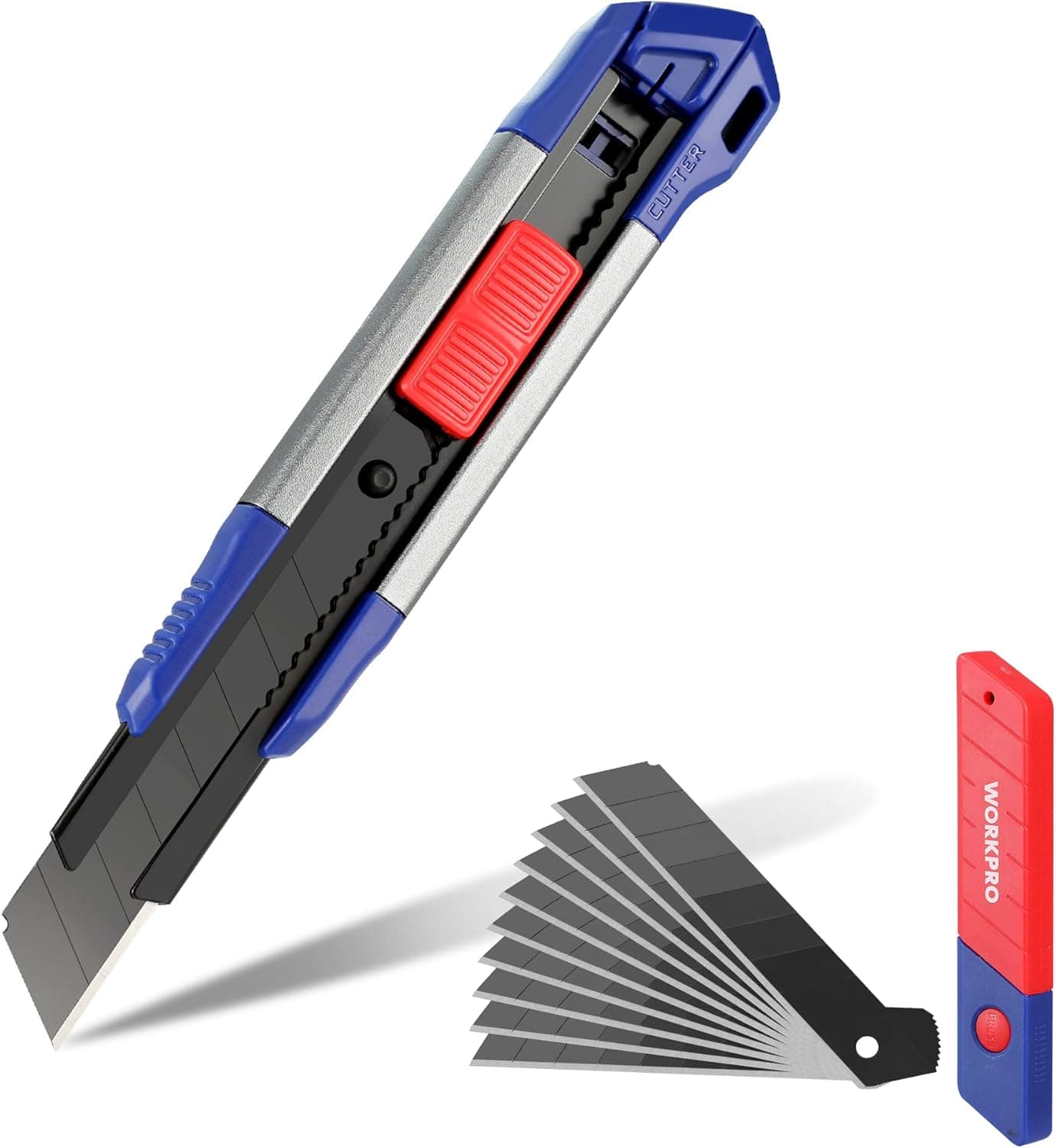 WORKPRO 18mm Retractable Utility Knife, Heavy Duty Snap-off Box Cutter with 10-Piece SK5 Blades for Cartons, Cardboard and Boxes, Perfect for Office and Home Use