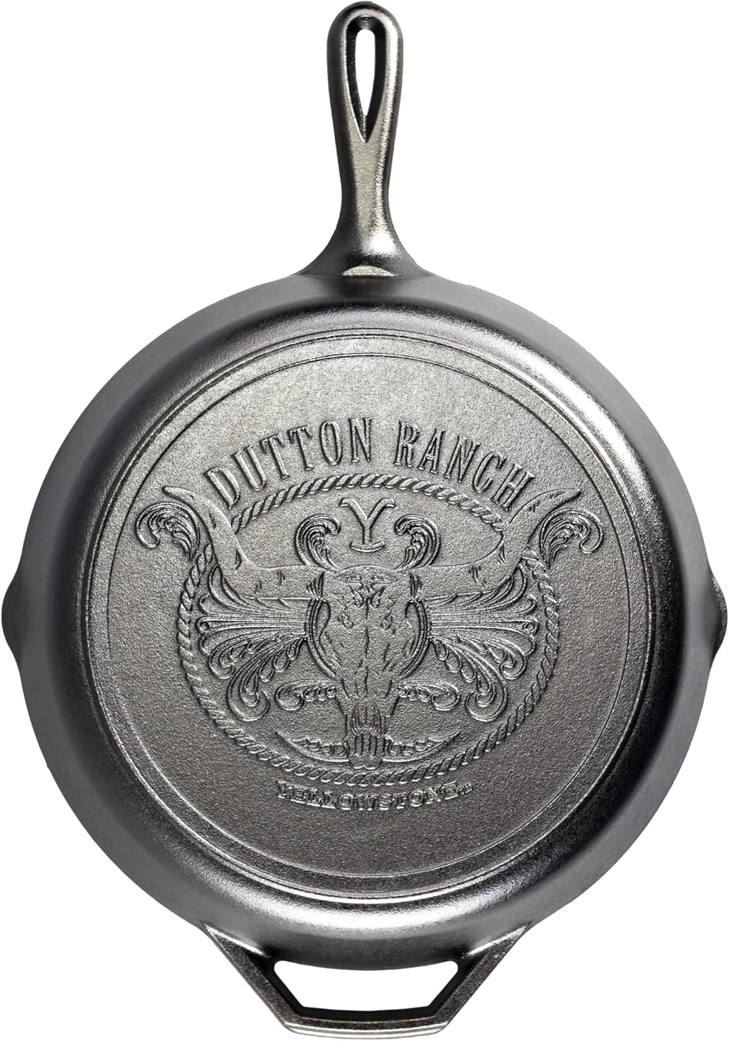 Lodge Pre-Seasoned Yellowstone Stamped Cast Iron Cookware - Signature Teardrop Handle - Use in the Oven, on the Stove, on the Grill, or Over a Campfire - 12 Inch Logo Skillet