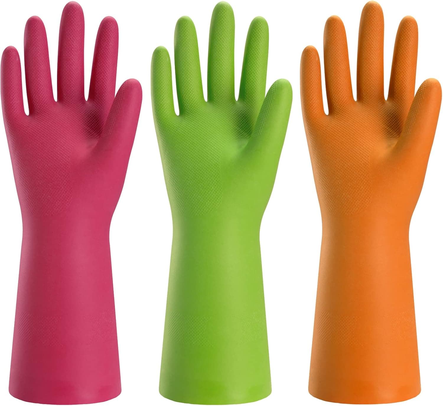 Bamllum 3 Pairs Rubber Cleaning Gloves for Household - Reusable Dishwashing Gloves for Kitchen, Flexible Long-lasting & Waterproof (Medium, Green+Red+Orange)