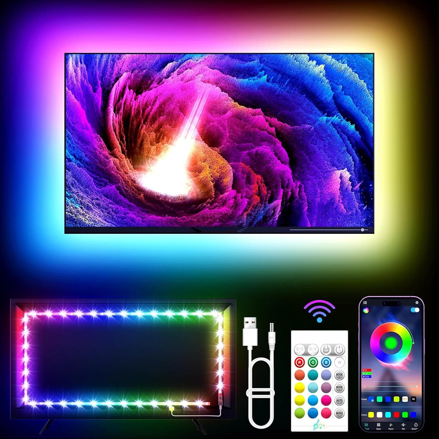 TV LED Lights, 11.5ft LED Lights for 32-55 Inch TV, RGB TV Backlight Behind with Remote, Music Sync Bluetooth APP Control Strip Lights USB Powered for Bedroom, PC, Gaming Monitor