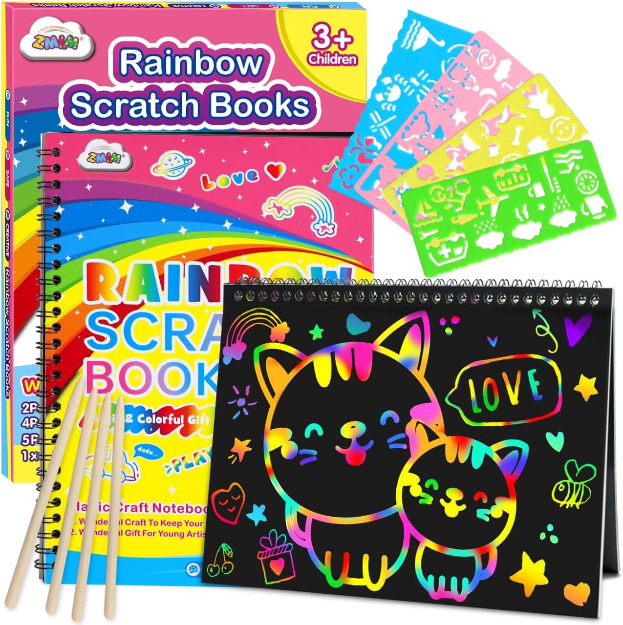 ZMLM Scratch Paper Art-Crafts Gift: 2 Pack Rainbow Notebooks Supplies Toys Easter Basket Stuffers for 3 4 5 6 7 8 9 10 Years Old Girls and Boys Kids Birthday Party Games (Yellow)