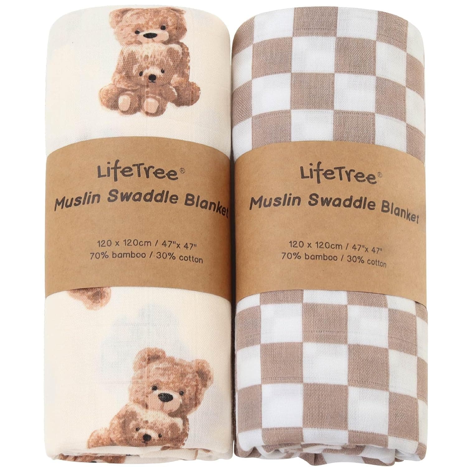 LifeTree Muslin Swaddle Blankets, Baby Swaddling Wrap Nursery Blanket Unisex, Soft 70% Viscose from Bamboo and 30% Cotton, Large 47 x 47 inches, Bear & Checkered Swaddle Blanket