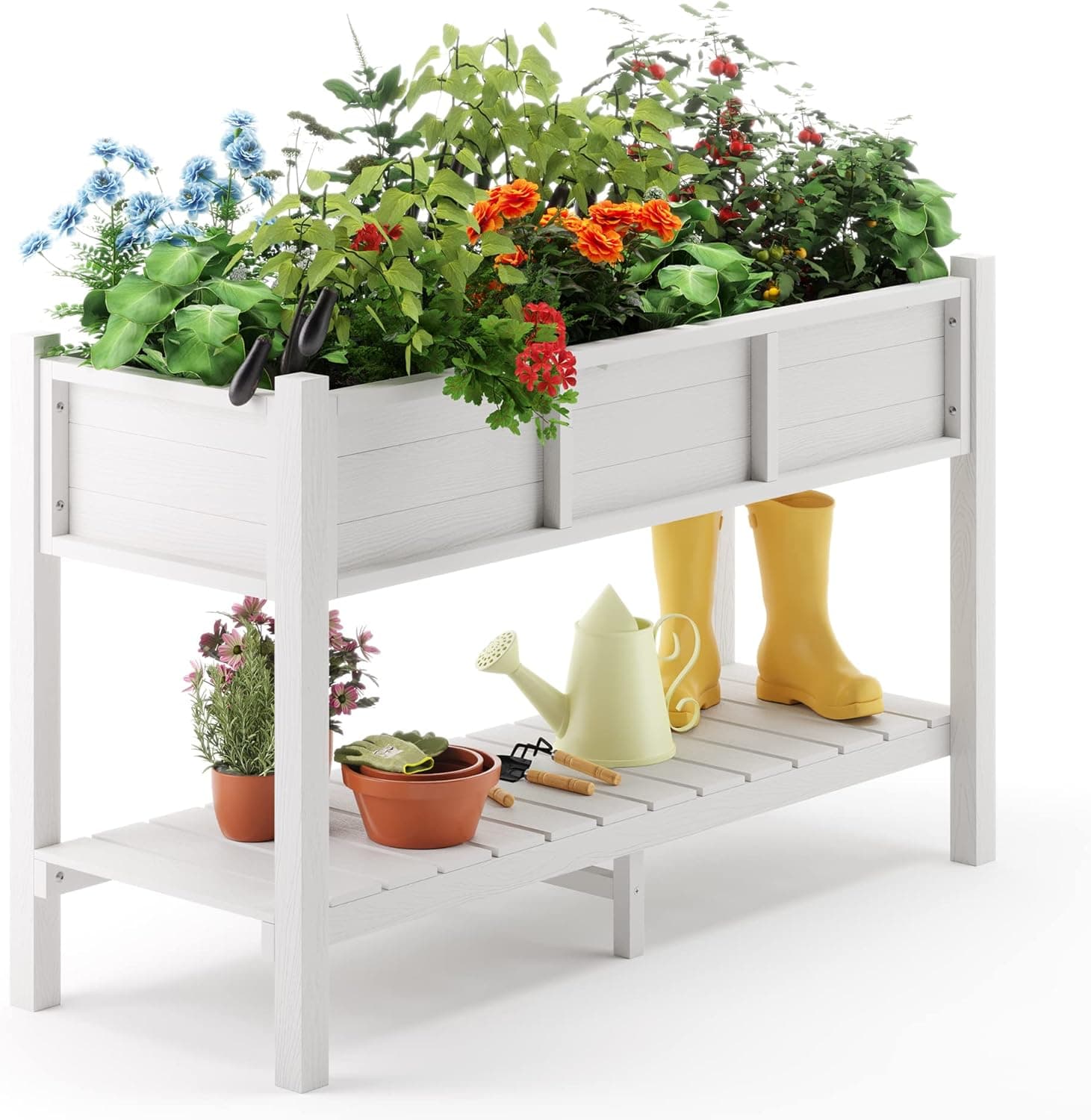LUE BONA Raised Garden Bed with Tools, 47*18*29 in, Poly Elevated Planter Box with Legs And Storage Shelf, Weather Resistant, 3-Year Warranty, Standing Growing Bed Herb Planter for Vegetable, White