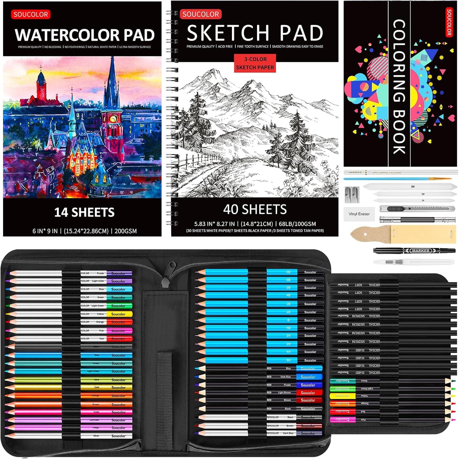 Soucolor Art Supplies, 76 Pack Drawing Set Sketching Kit, Christmas Gifts Box for Artist Adult : 3-Color SketchBook, Watercolor Pad, Coloring Book, Charcoal Colored Watercolor Metallic Pencils