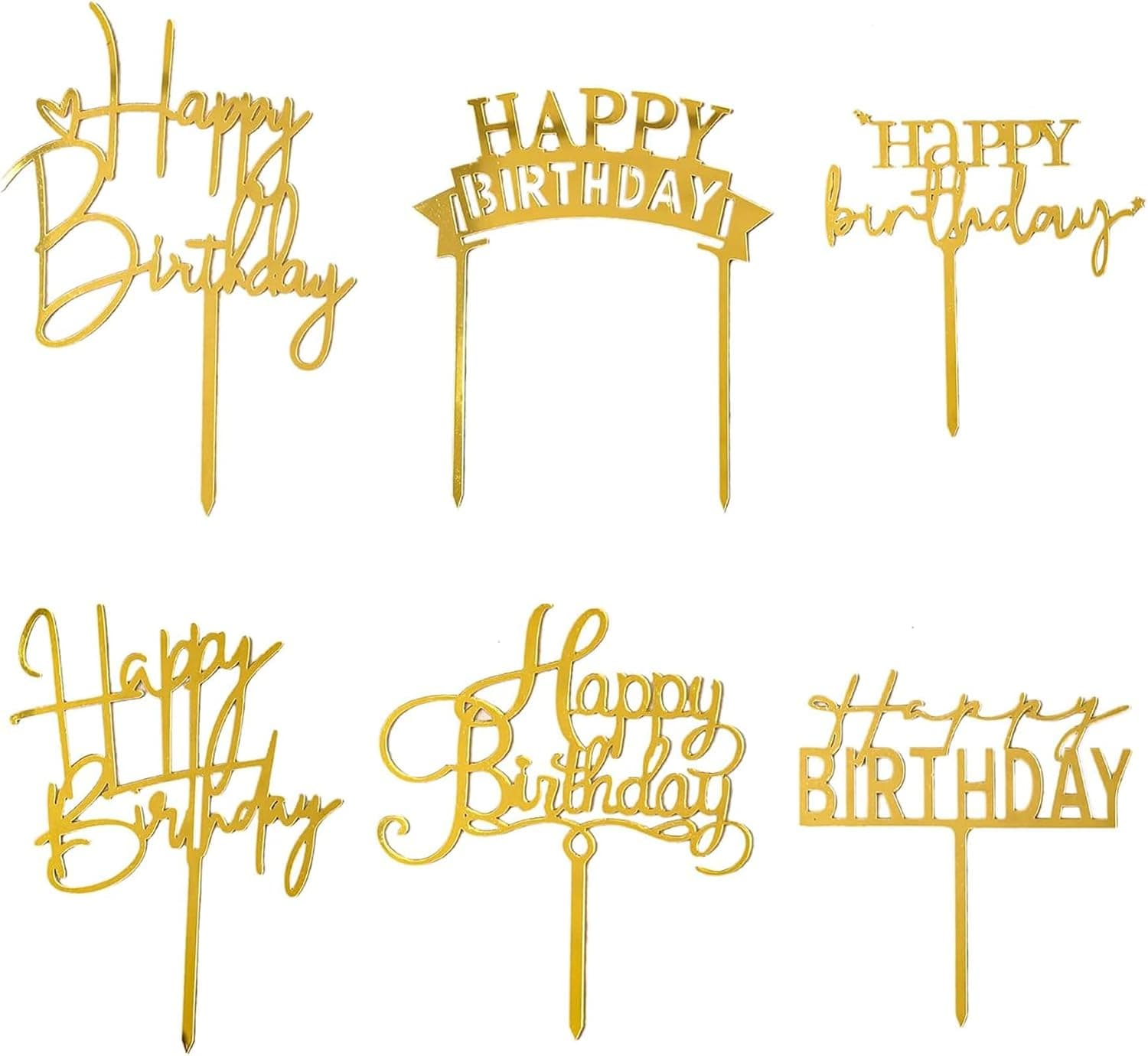 Gold Birthday Cake Topper, 6pcs Acrylic Birthday Cake Toppers Happy Birth Cake Toppers for Decorations Gold Topper for Girls Women's Party Decorations