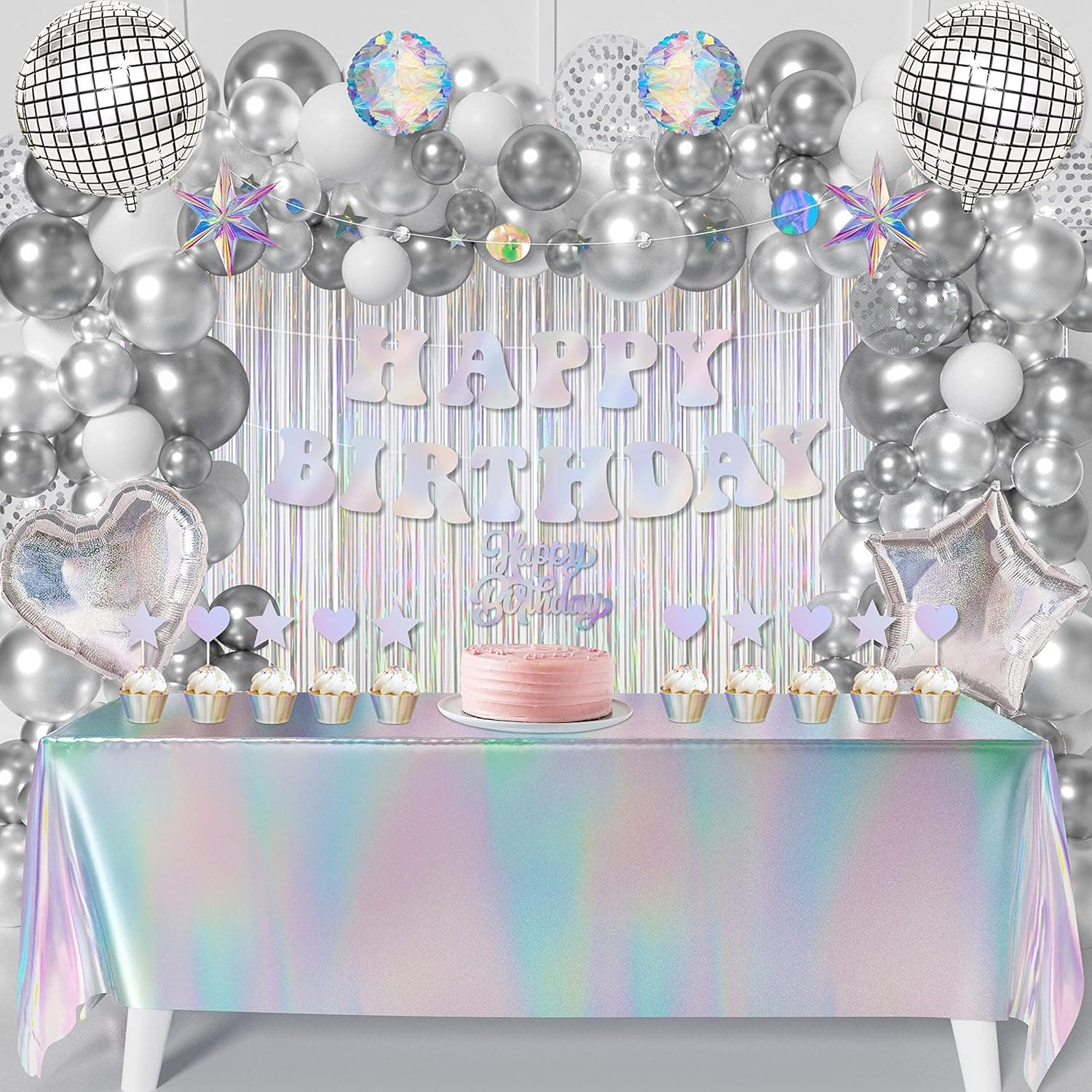 Iridescent Birthday Party Decoration Set 78Pcs, Disco Groovy 60s 70s Party Supplies Silver Party Decors include Disco Ball Banner Balloon Garland Arch Tablecloth Fringe Curtain Cake Topper Set