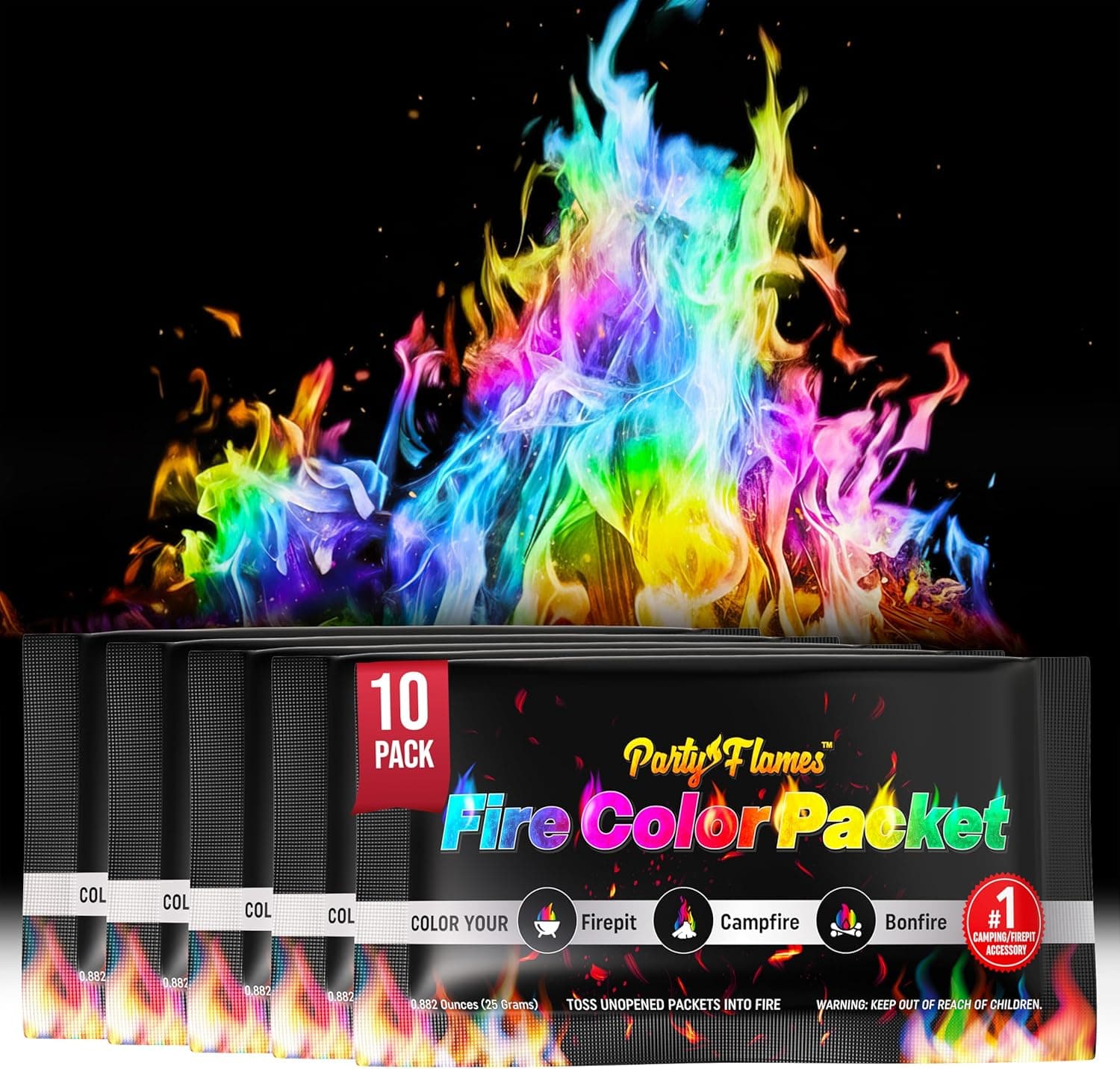 Magic Campfire Fire Color Changing Packets for Fire Pit (10 Pack) Outdoor Fireplaces & Bonfires, Rainbow Colored Flames - Perfect Camping Essential & Accessories - Must Have for Kids & Adults