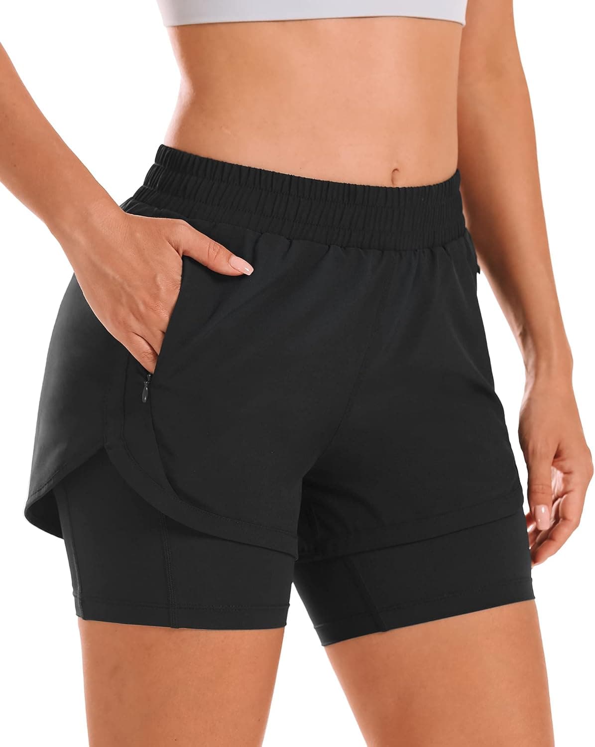 Stelle Women 2 in 1 Running Shorts High Waisted Athletic Shorts Gym Workout Shorts with Liner Zipper Pockets