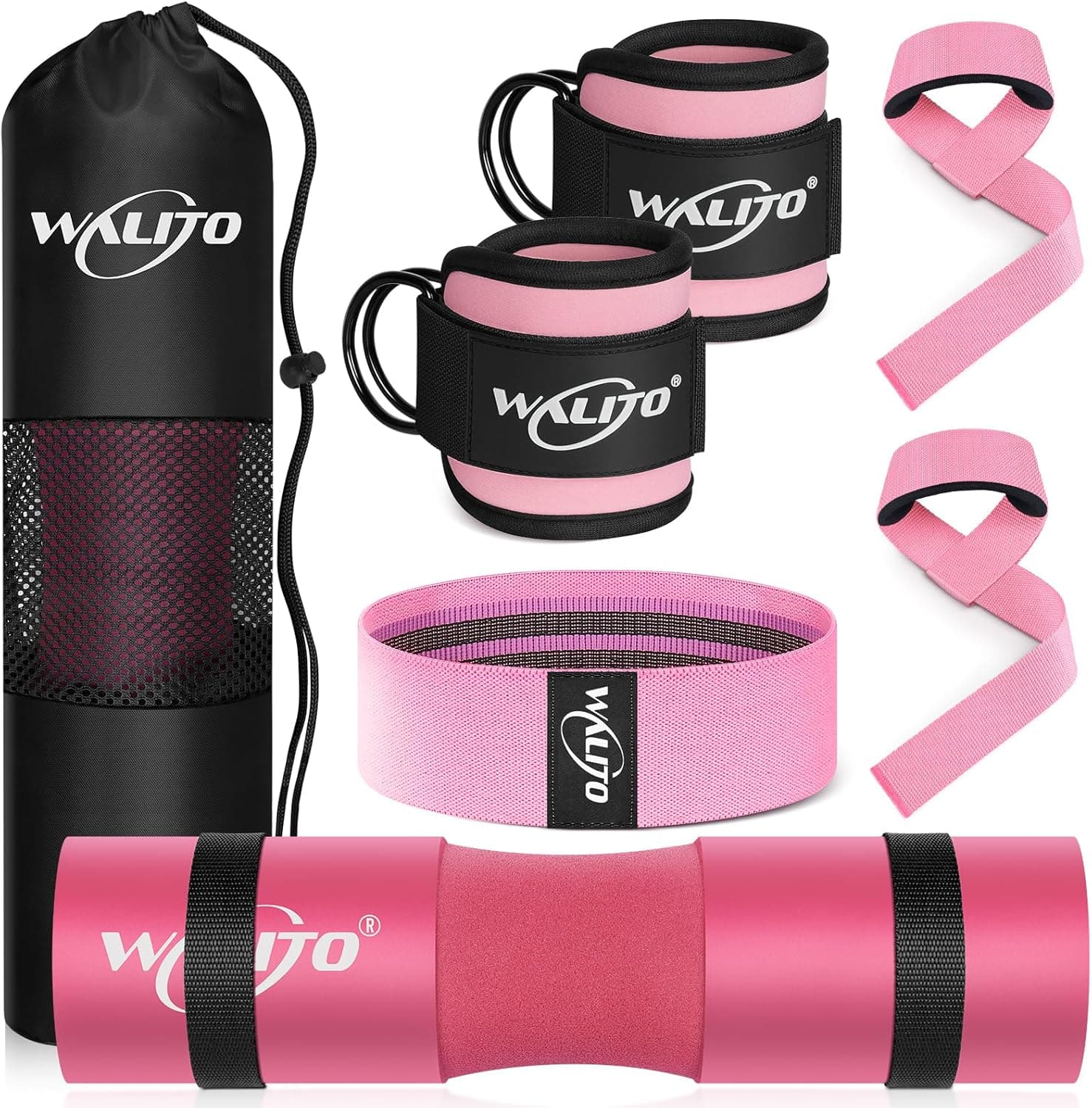 WALITO 7Pcs Barbell Pad Set for Hip Thrust - Squat Pad,Gym Accessories for Women with Bar Bad,Bench Press, with Gym Ankle Straps,Resistance Bands for Working Out,Lifting Strap,Carry Bag