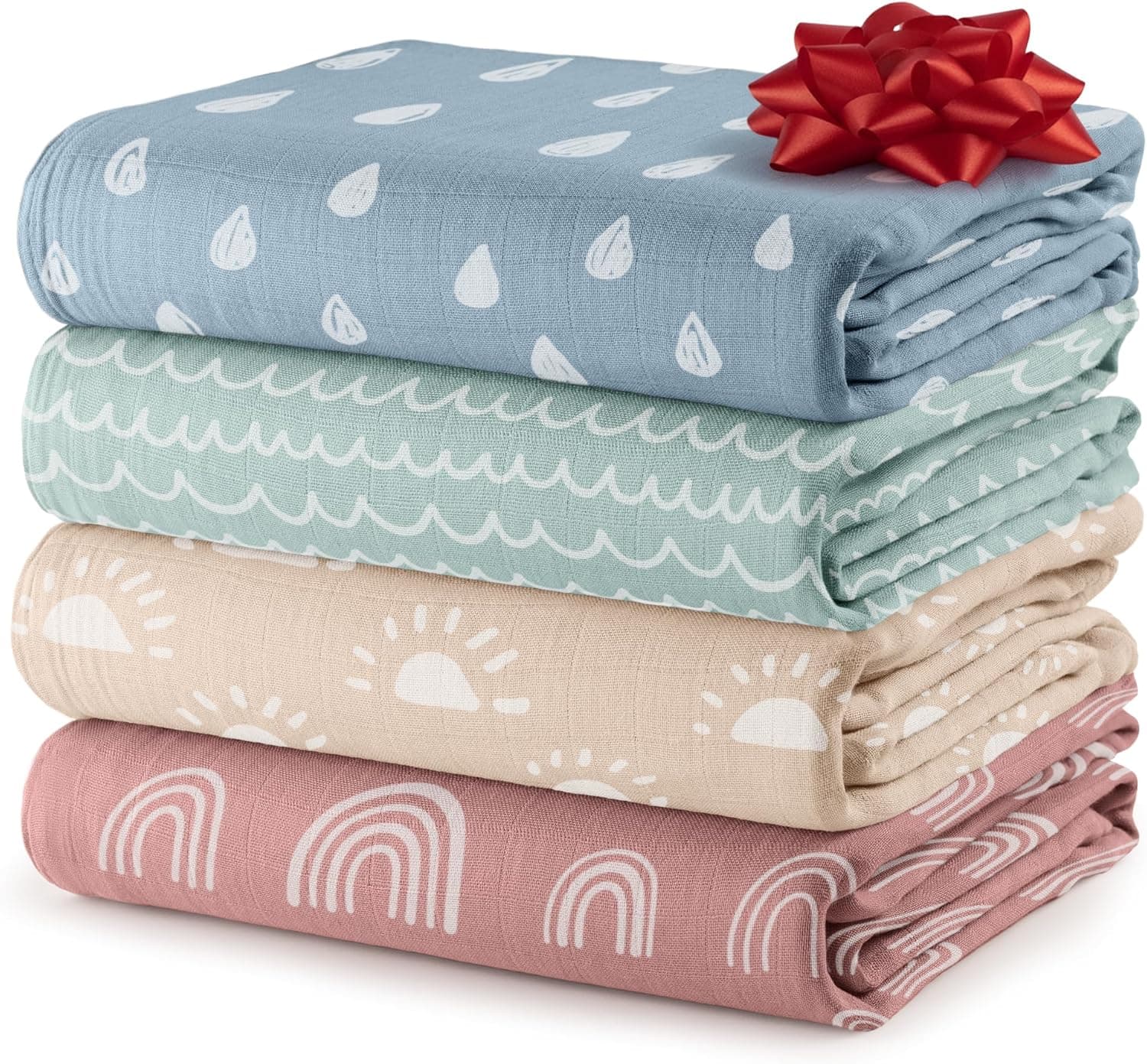 Comfy Cubs Muslin Swaddle Blankets Pack of 4, 47 x 47 Inches, Soft Cotton Baby Blanket Set, Large Multipurpose Swaddling Wraps for Newborns - Self-Soothing Swaddle - Sun, Rainbow, Rain, Doodle