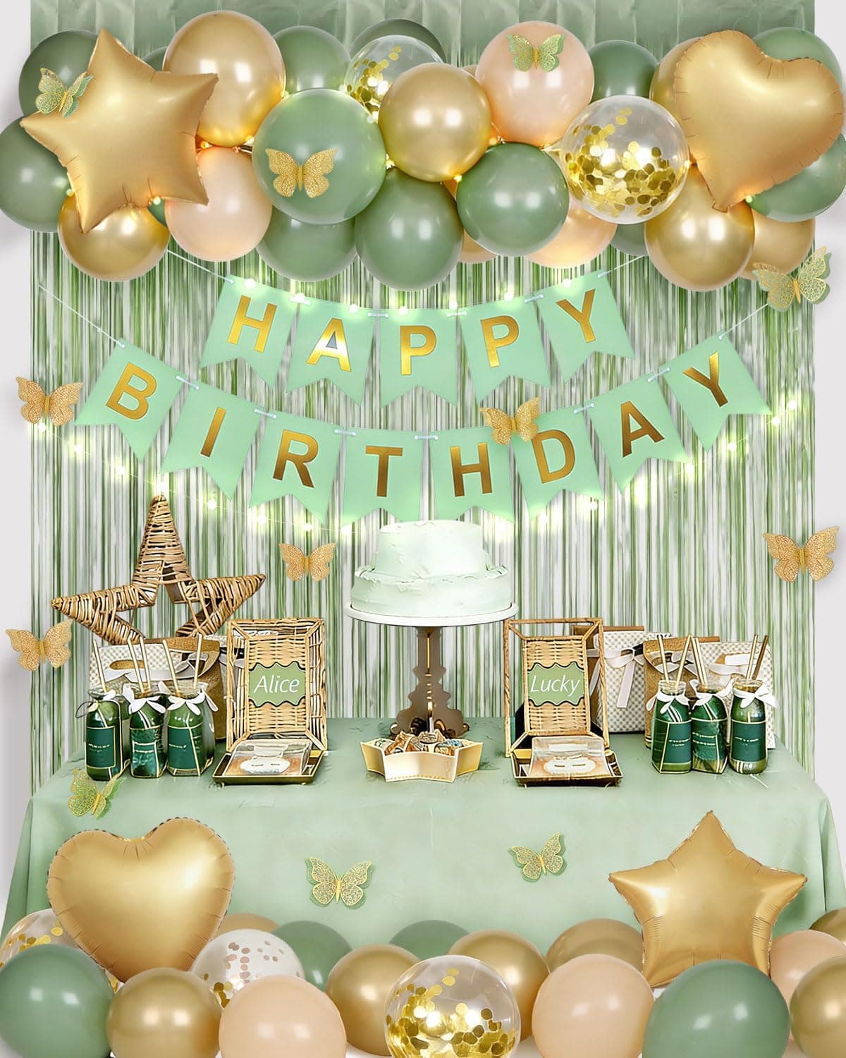 Sage Green Birthday Decorations with Happy Bithday Banner, Curtains, Heart Star Balloons, Butterfly Decor and LED light for Happy Birthday Party Decorations Women(Green)