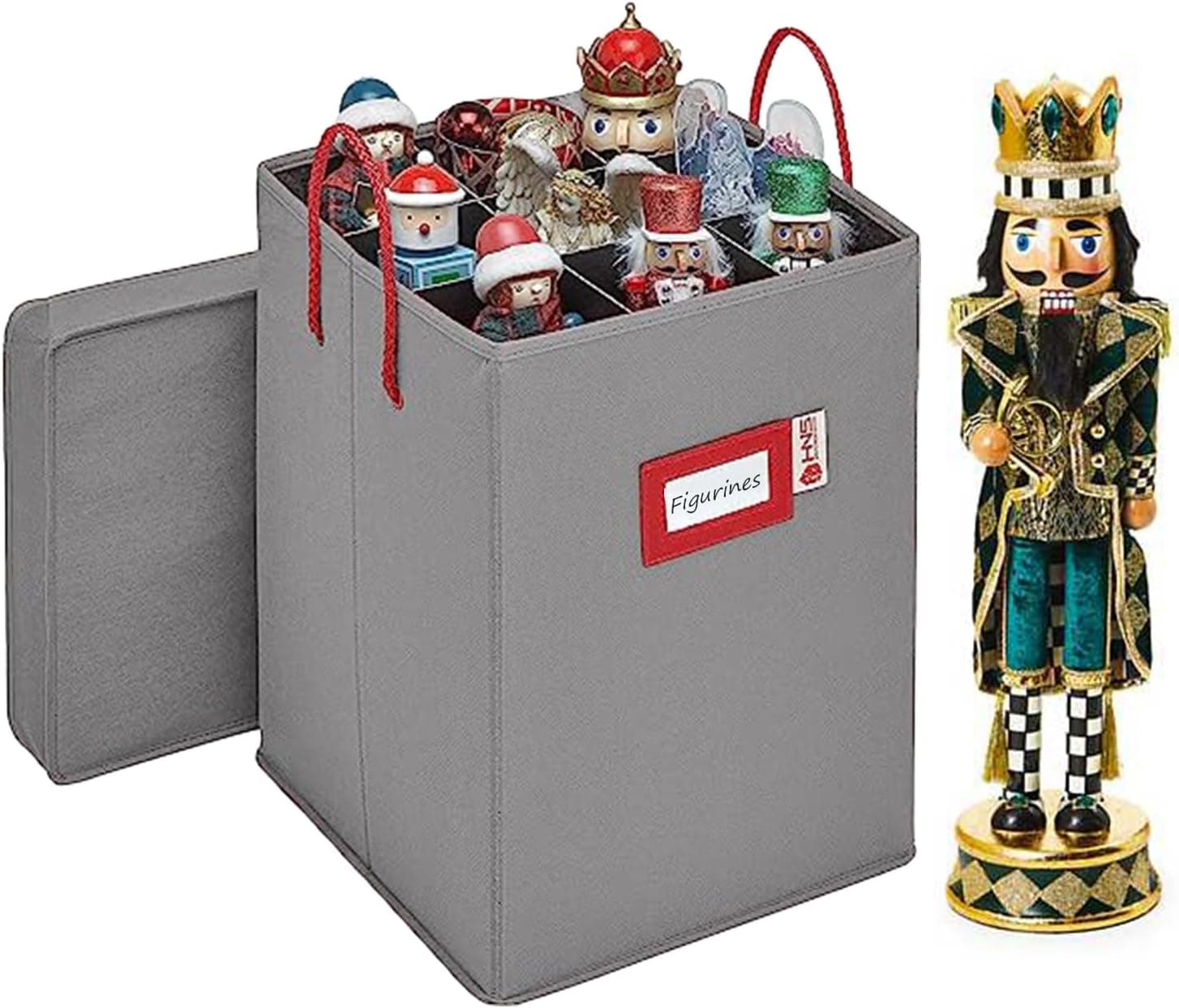 Christmas Nutcracker and Figurine Collectible Storage Box - Stores Up to 9-16" Tall Nutcrackers, Ornaments, and More - Holiday Decor Organizer with Adjustable Dividers - Nutcracker NOT Included