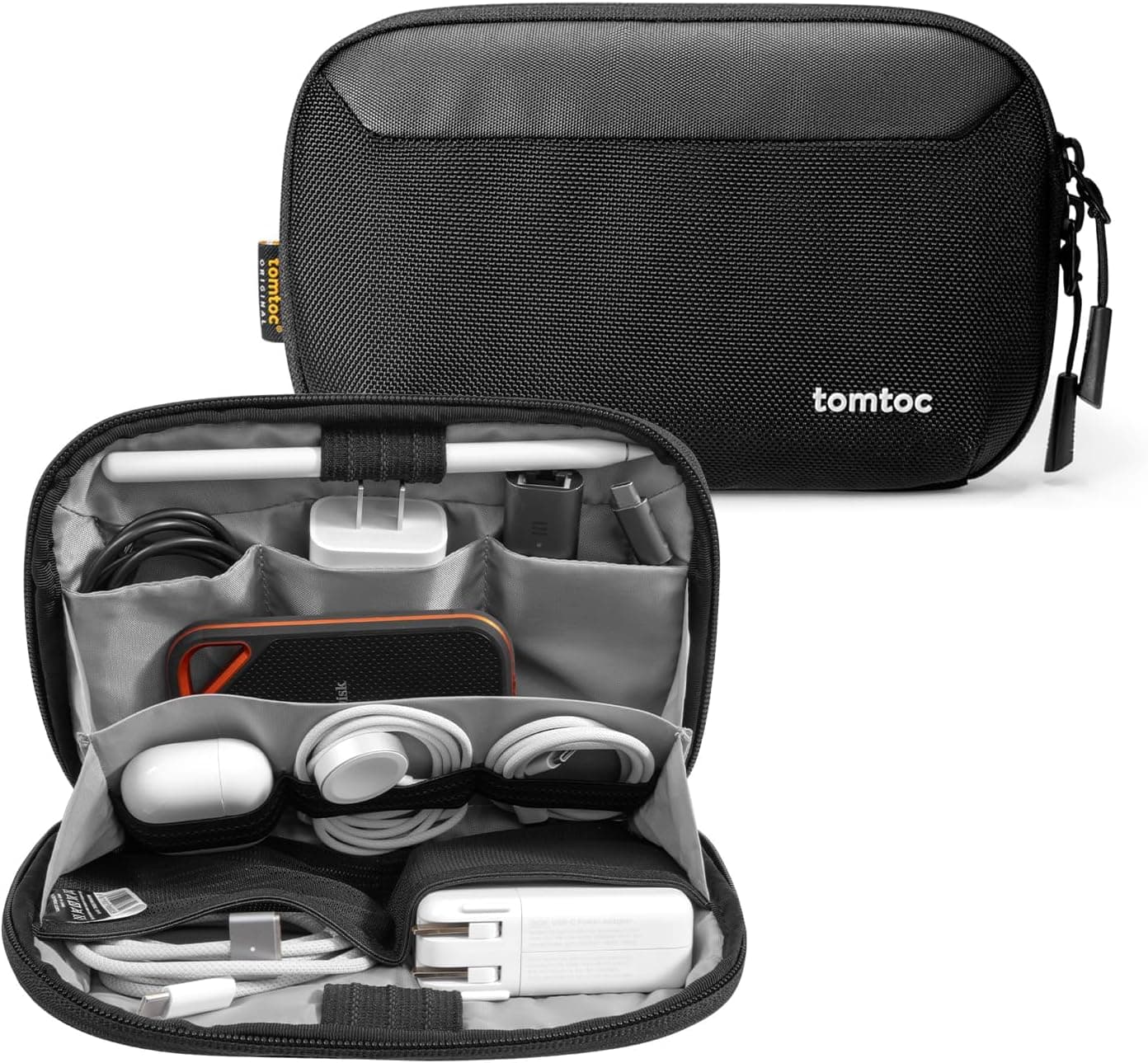 tomtoc Travel Cable Organizer Pouch, Electronics Accessories Organizer Portable Waterproof Double Accessories Carry Case for Cord, Charger, Cables, USB Drive, Black