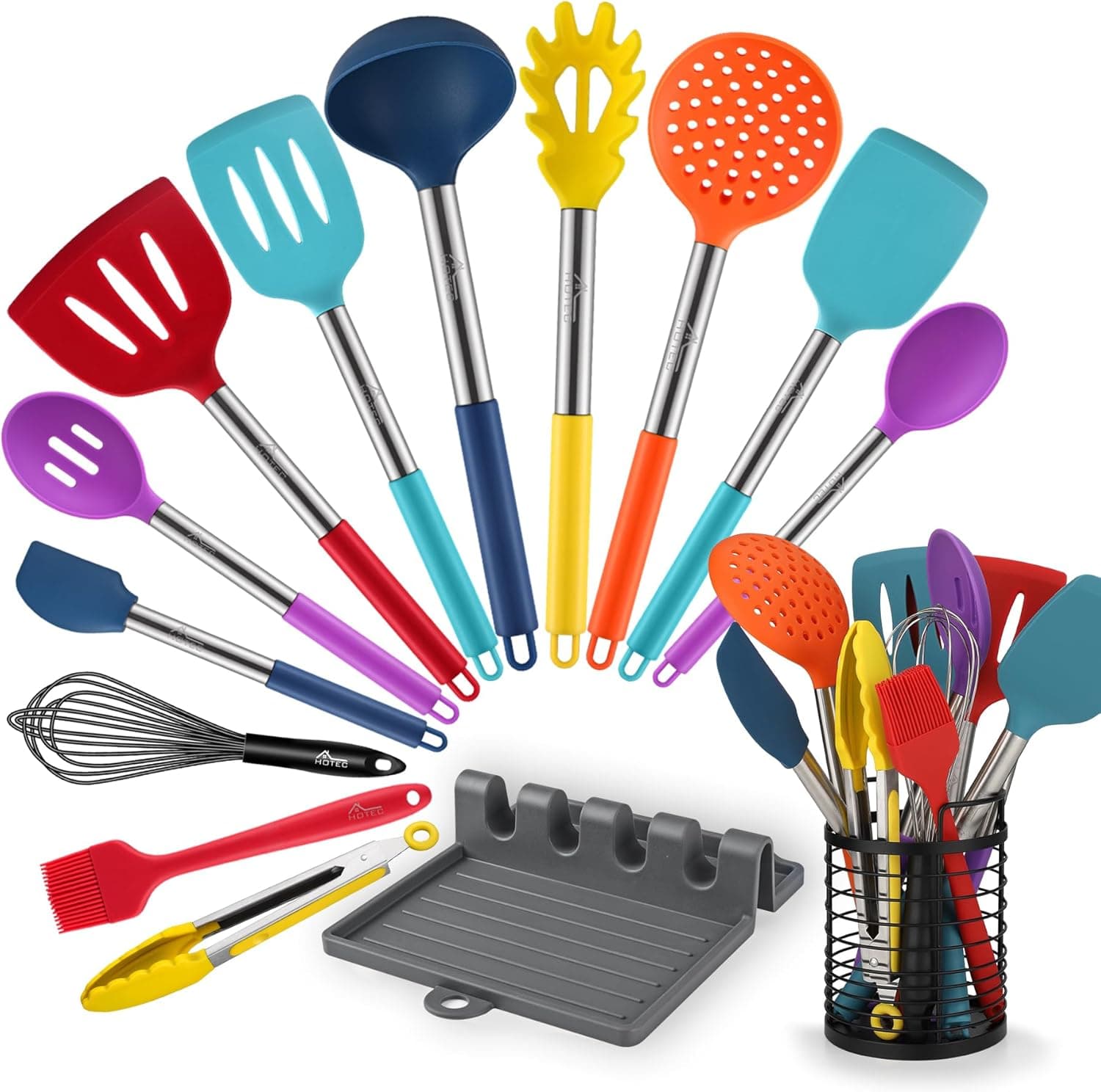 HOTEC 446°F Heat Resistant Silicone Kitchen Utensils, Cooking Utensil Set, Spatula Set, BPA Free, Kitchen Gadgets, Utensils Holder, Dishwasher Safe, 14pcs Multicolor